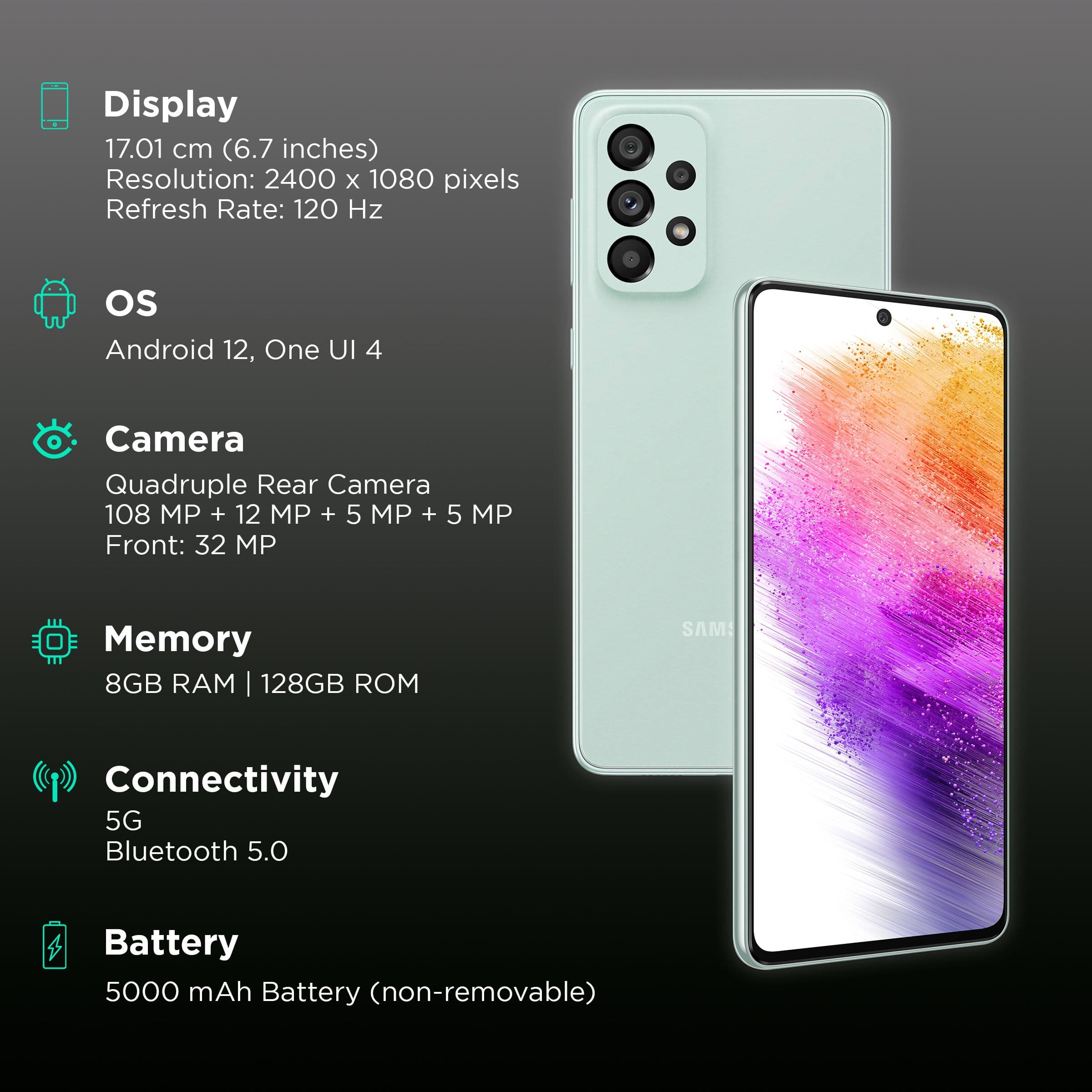 SAMSUNG Galaxy A73 5G (8GB RAM, 128GB, Awesome Mint)