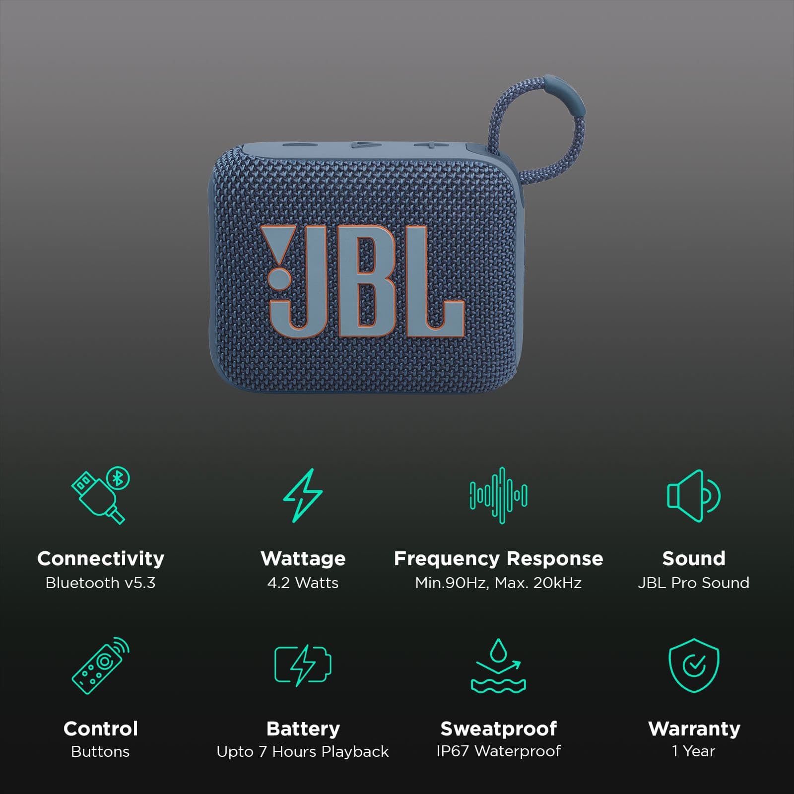 JBL Go 4 4.2W Portable Bluetooth Speaker (IP67 Waterproof, JBL Pro Sound with Punchy Bass, Stereo Channel, Blue)