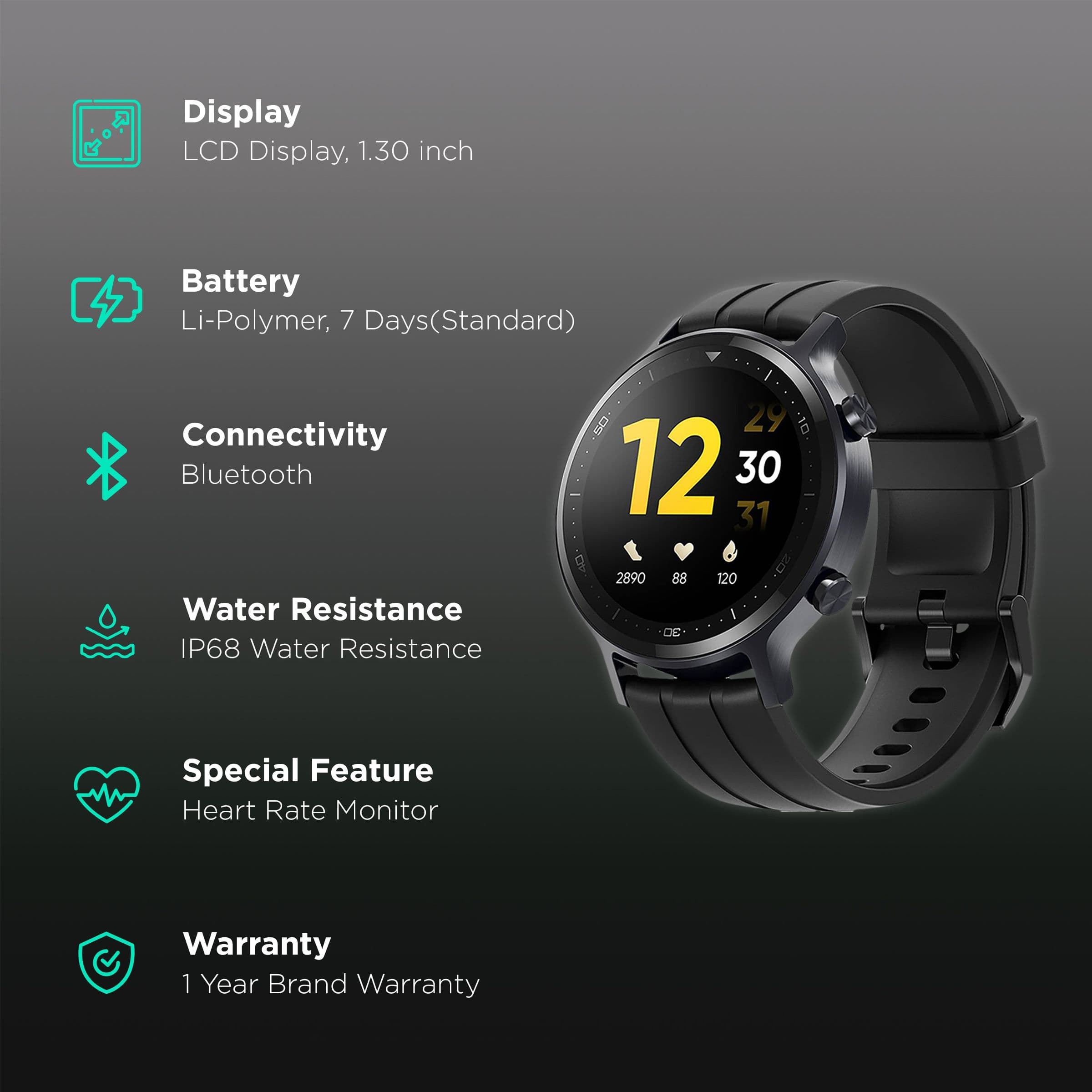 Realme Watch S Smart Watch (33.02mm) (IP68 Water Resistant, RMA207, Black, Liquid Silicone Strap)