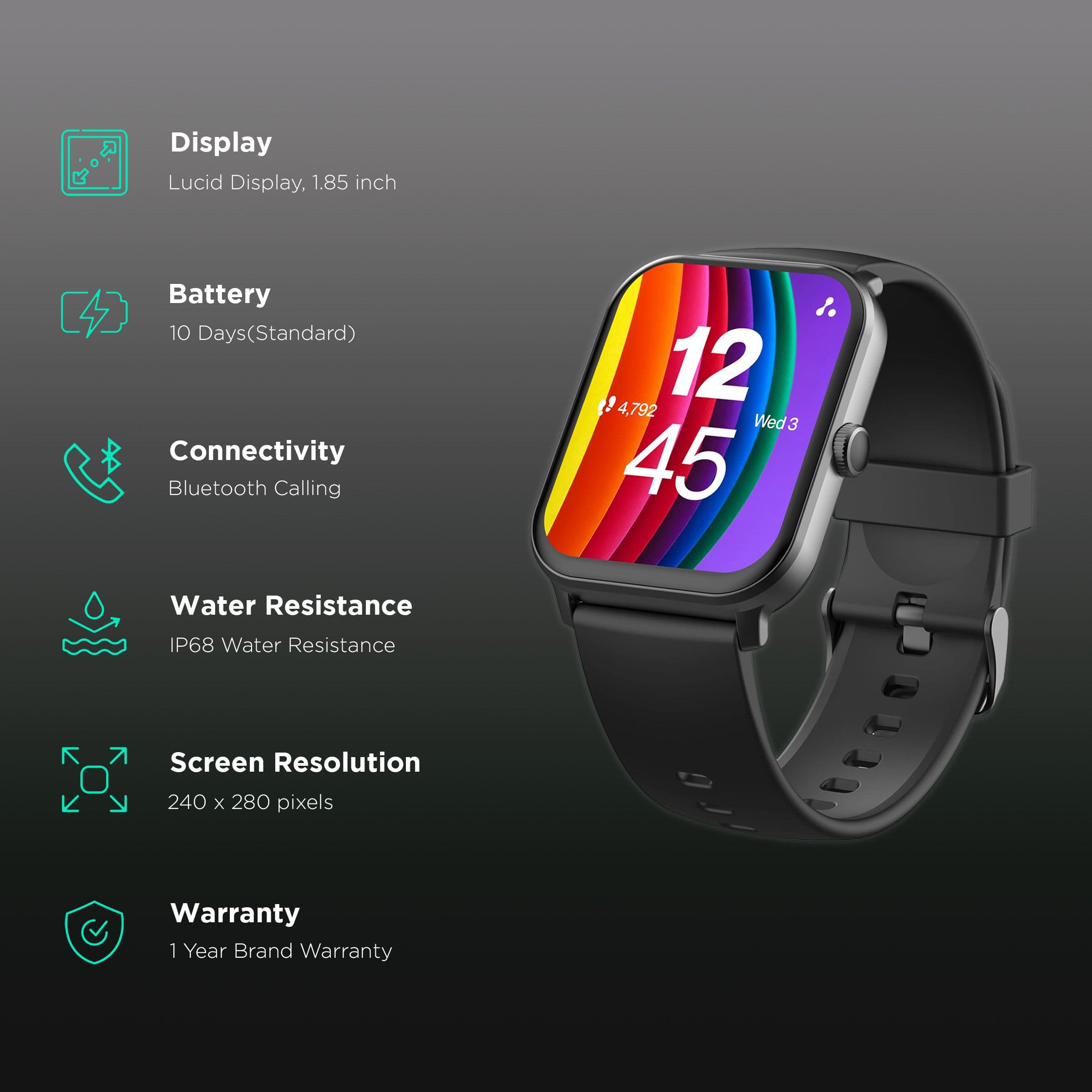 Ambrane Wise EON Pro Smartwatch with Bluetooth Calling (46.99mm Lucid Display, IP68 Water Resistant, Black Strap)