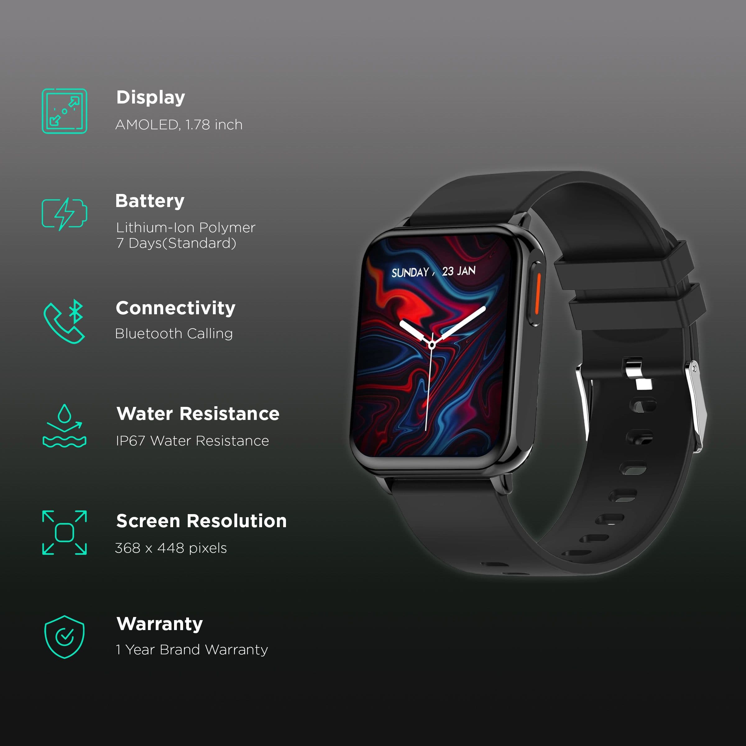 Fire-Boltt Hulk BSW052 Smartwatch with Bluetooth Calling (45mm AMOLED Display, IP67 Water Resistant, Black Strap)