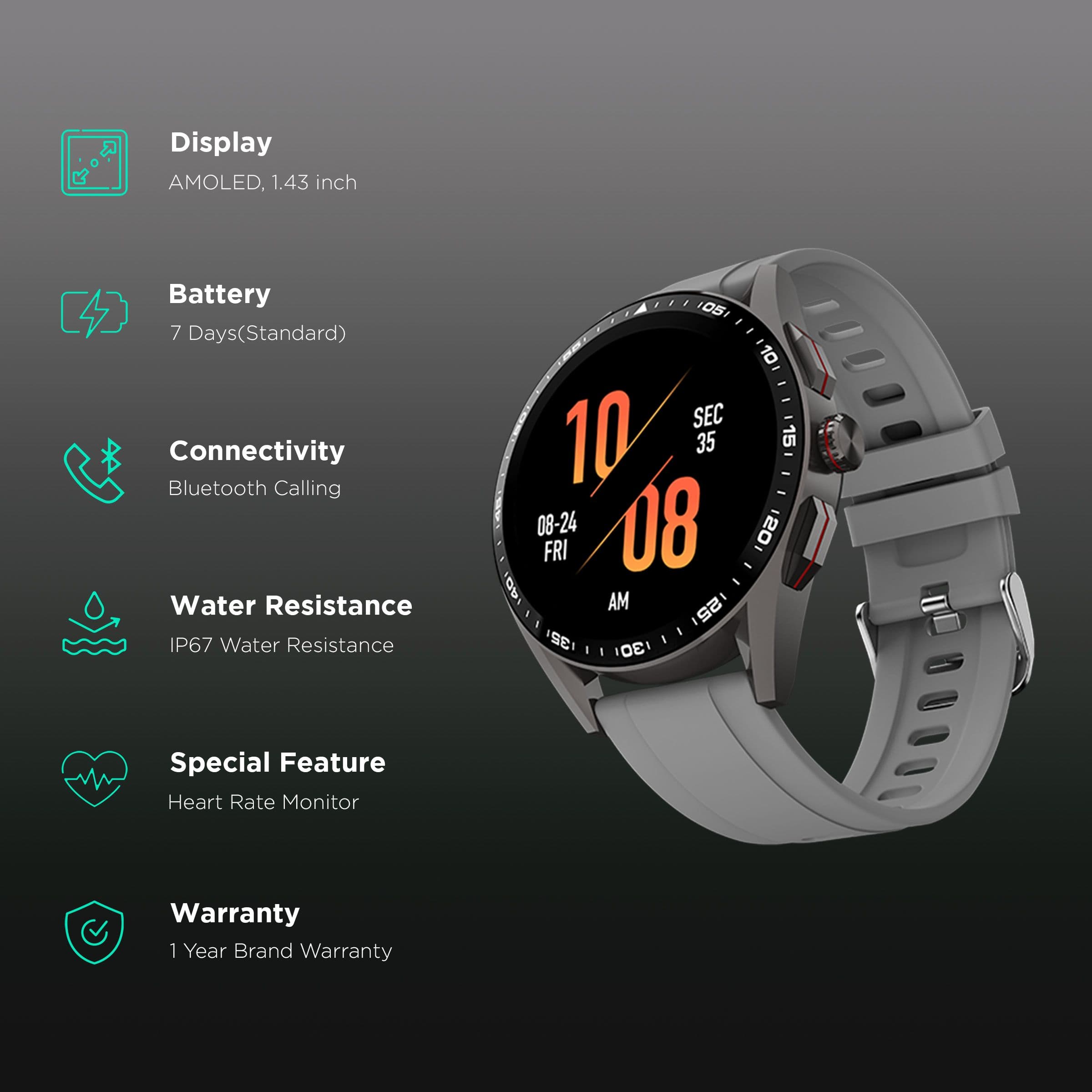 Fire-Boltt Invincible Plus Smartwatch with Bluetooth Calling (36.32mm AMOLED Display, IP67 Water Resistant, Dark Grey Strap)