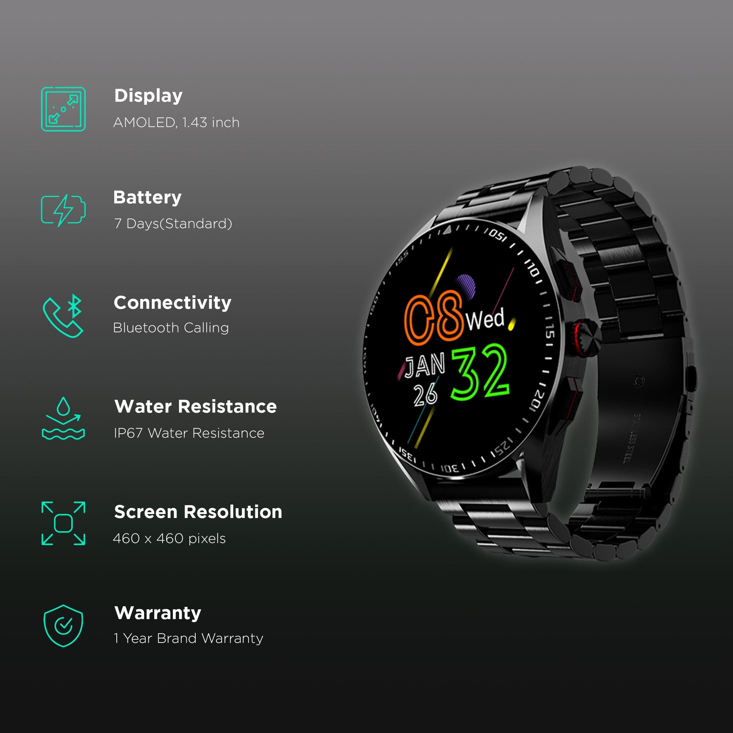 Fire-Boltt Invincible Plus Smartwatch with Bluetooth Calling (36.32mm AMOLED Display, IP67 Water Resistant, Black Strap)