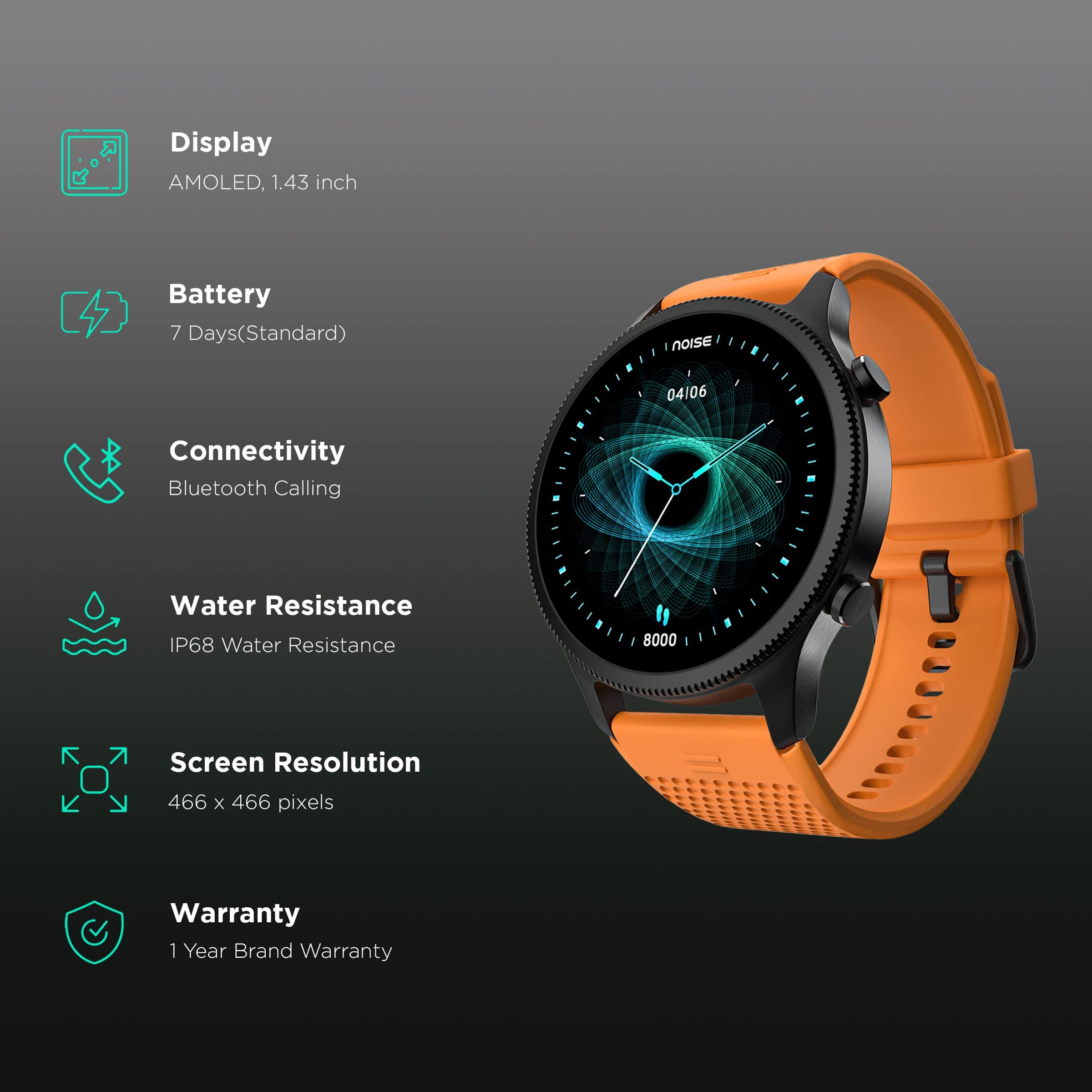 noise NoiseFit Halo Smartwatch with Bluetooth Calling (36mm AMOLED Display, IP68 Water Resistant, Fiery Orange Strap)