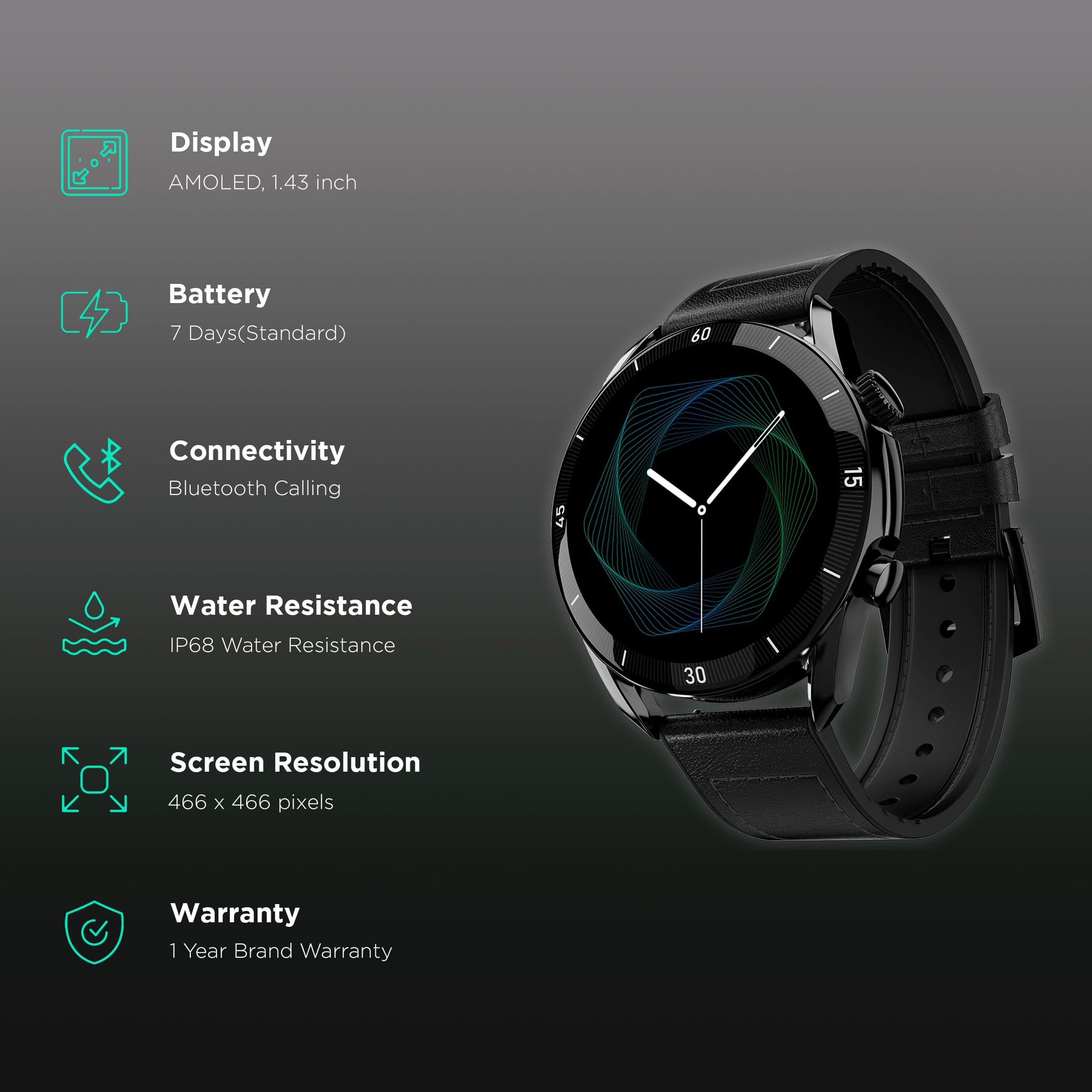 Fire-Boltt Legacy Smartwatch with Bluetooth Calling (36.32mm AMOLED Display, IP68 Water Resistant, Black Leather Strap)