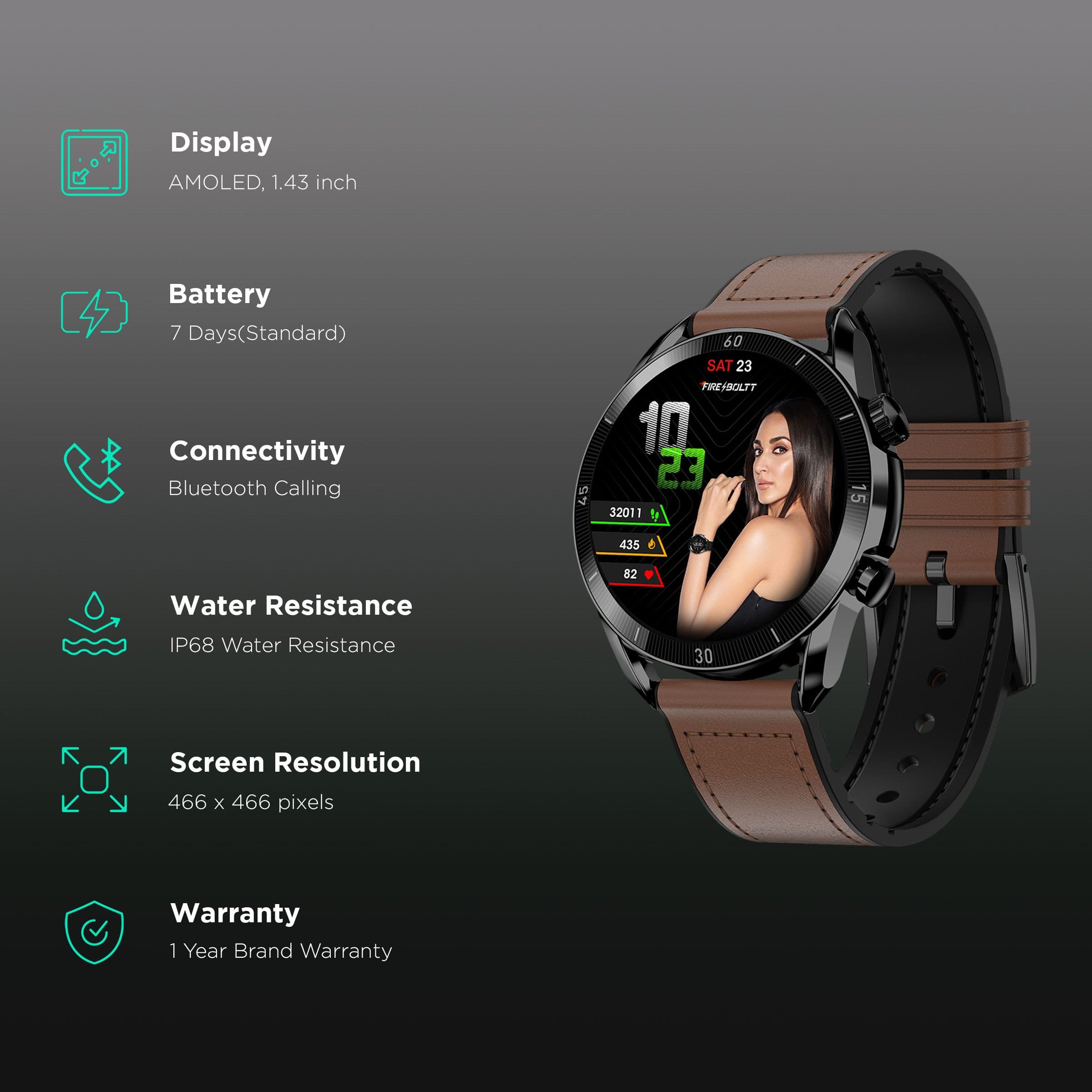 Fire-Boltt Legacy Smartwatch with Bluetooth Calling (35.6mm, IP68 Water Resistant, Brown Leather Strap)