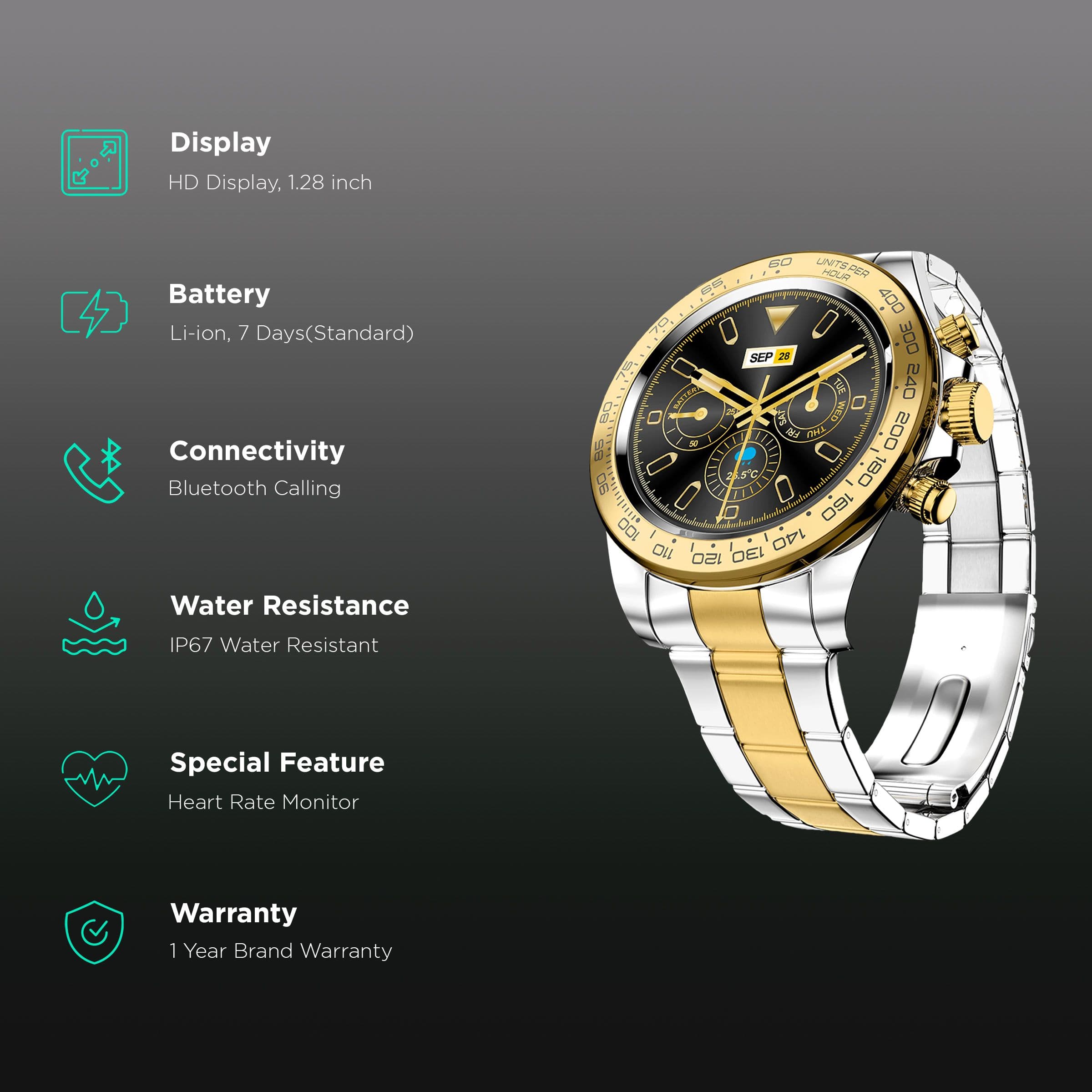 Fire-Boltt Blizzard BSW087 Smartwatch with Bluetooth Calling (32.51mm HD Display, IP67 Water Resistant, Gold/Silver Strap)