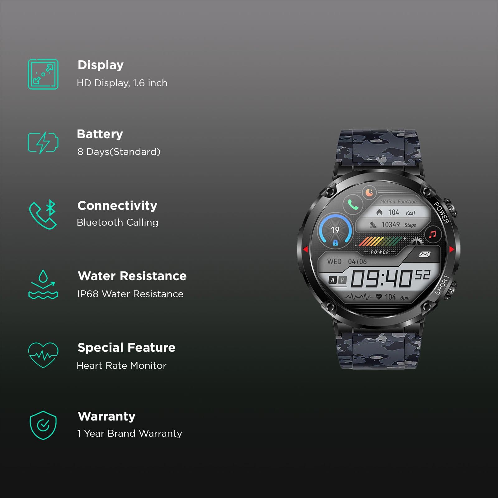 FIRE-BOLTT Sphere Smartwatch with Bluetooth Calling (40.6mm HD Display, IP68 Water Resistant, Camo Black Strap)