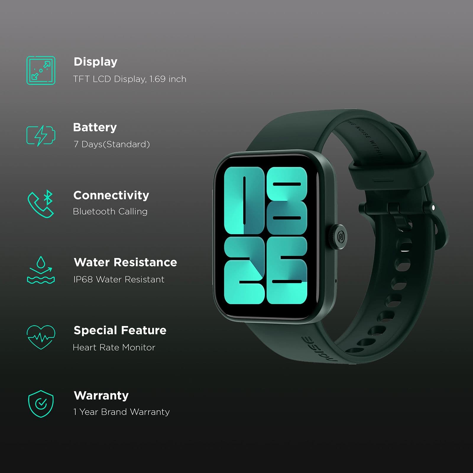 Noise ColorFit Caliber Buzz Smartwatch with Bluetooth Calling (42.9mm TFT Display, IP68 Water Resistant, Olive Green Strap)