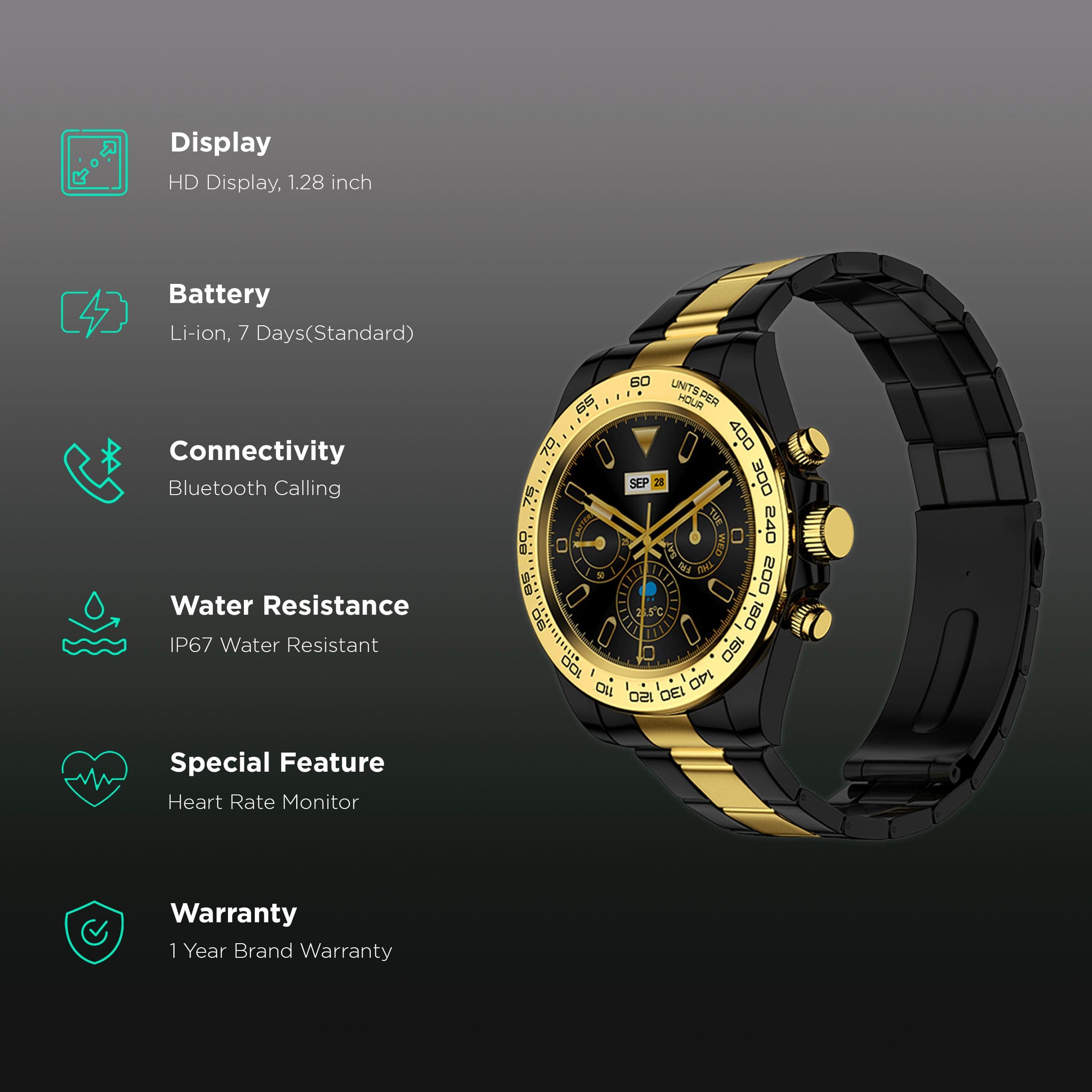 Fire-Boltt Blizzard Smartwatch with Bluetooth Calling (32.5mm HD Display, IP67 Water Resistant, Gold Black Strap)