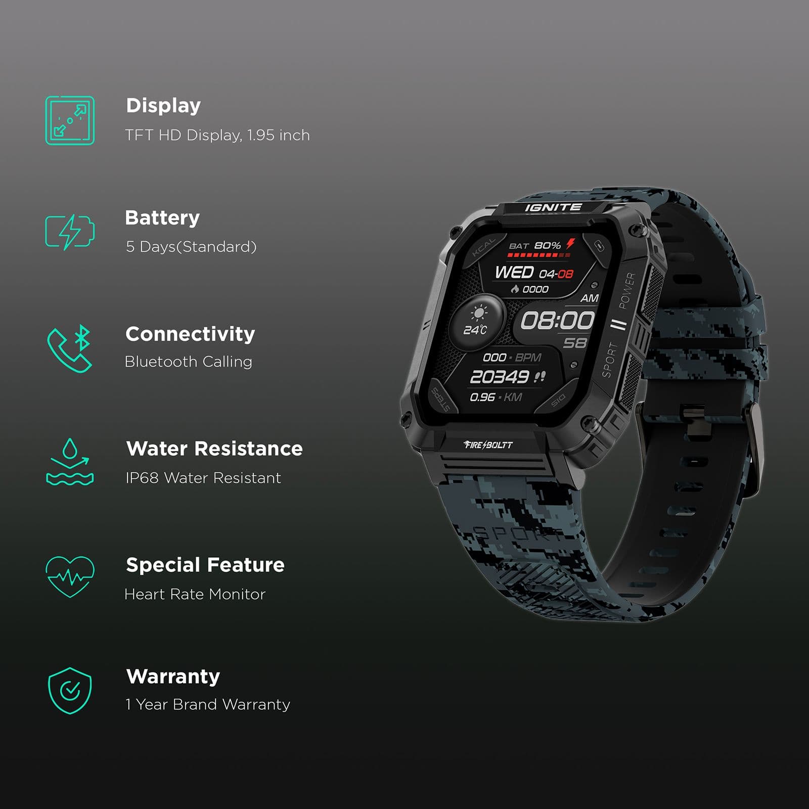 FIRE-BOLTT Combat Smartwatch with Bluetooth Calling (49.5mm TFT Display, IP68 Water Resistant, Camo Black Strap)