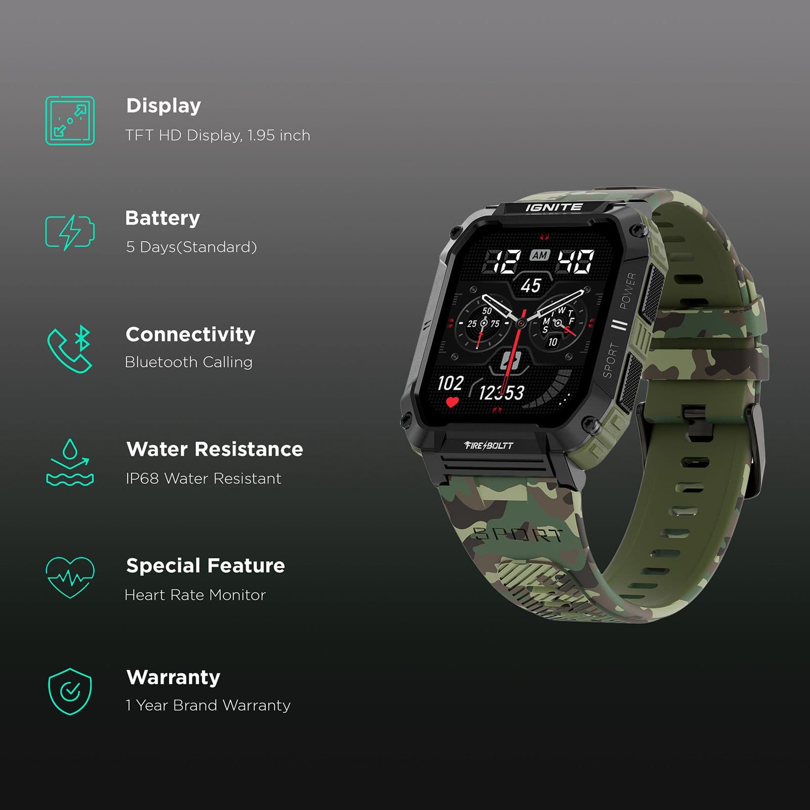 FIRE-BOLTT Combat Smartwatch with Bluetooth Calling (49.5mm TFT Display, IP68 Water Resistant, Camo Green Strap)