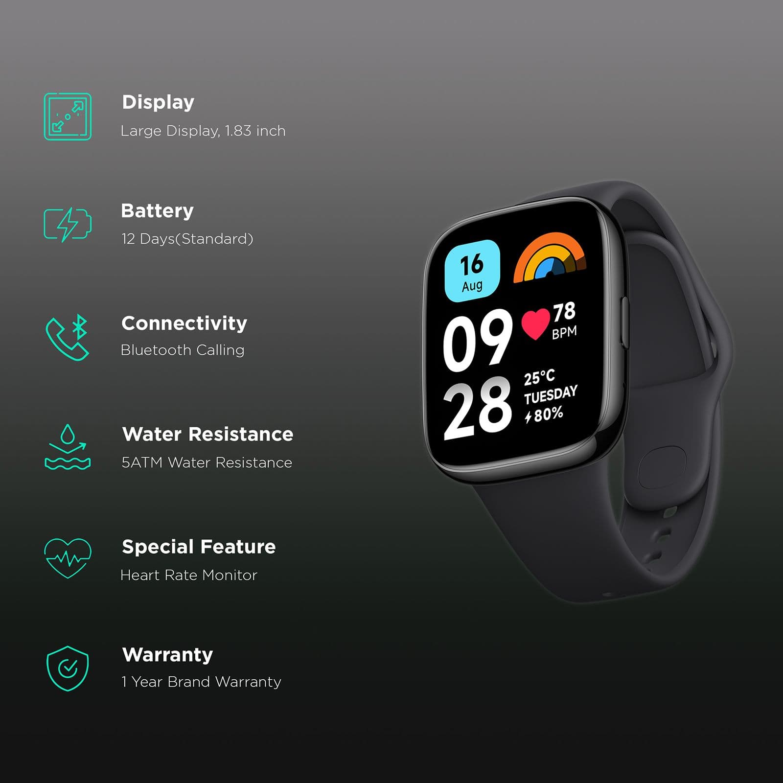 Redmi Watch 3 Active Smartwatch with Bluetooth Calling (46.4mm LCD Display, 5ATM Water Resistant, Charcoal Black Strap)