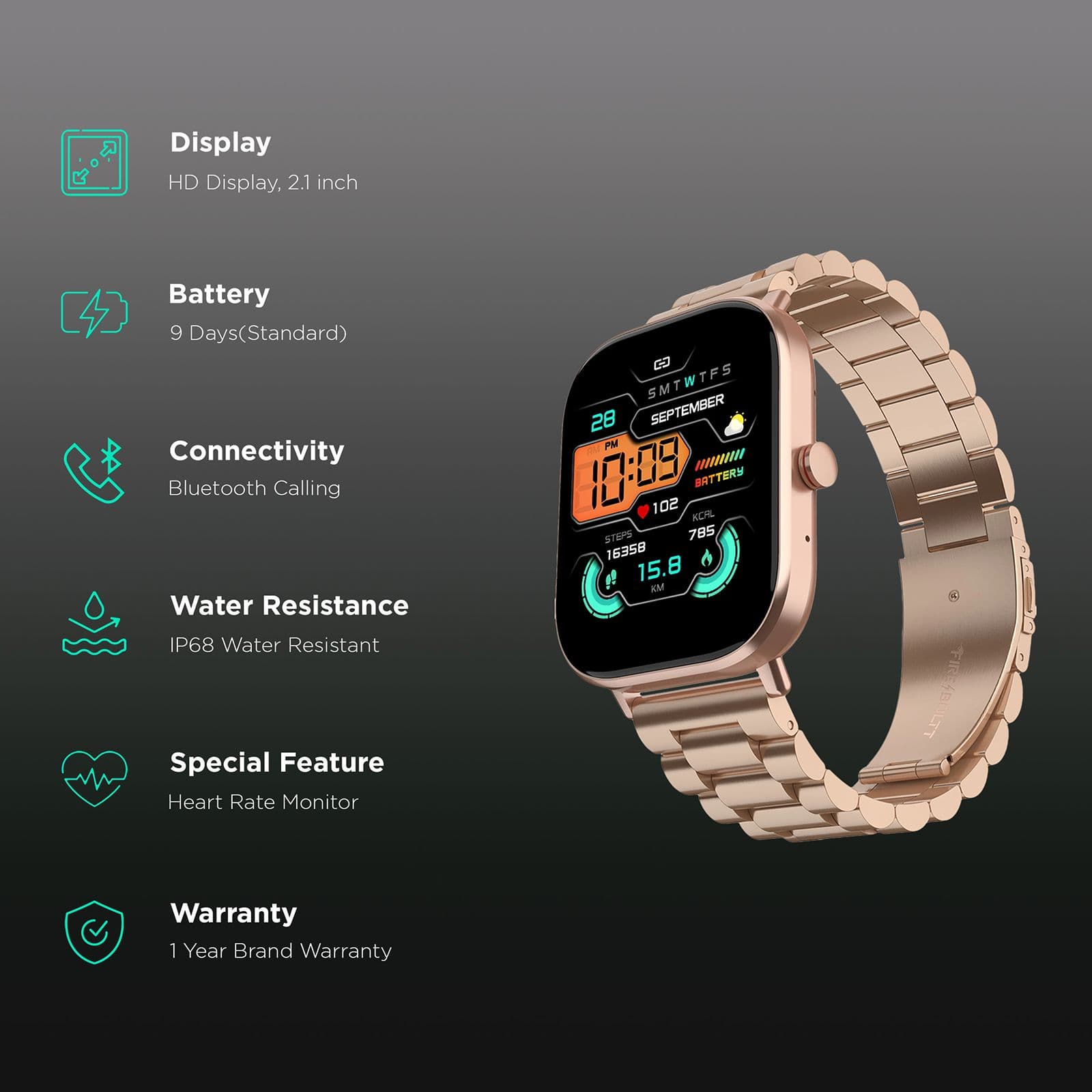 FIRE-BOLTT Starlight Smartwatch with Bluetooth Calling (51mm TFT HD Display, IP68 Water Resistant, Rose Gold Strap)