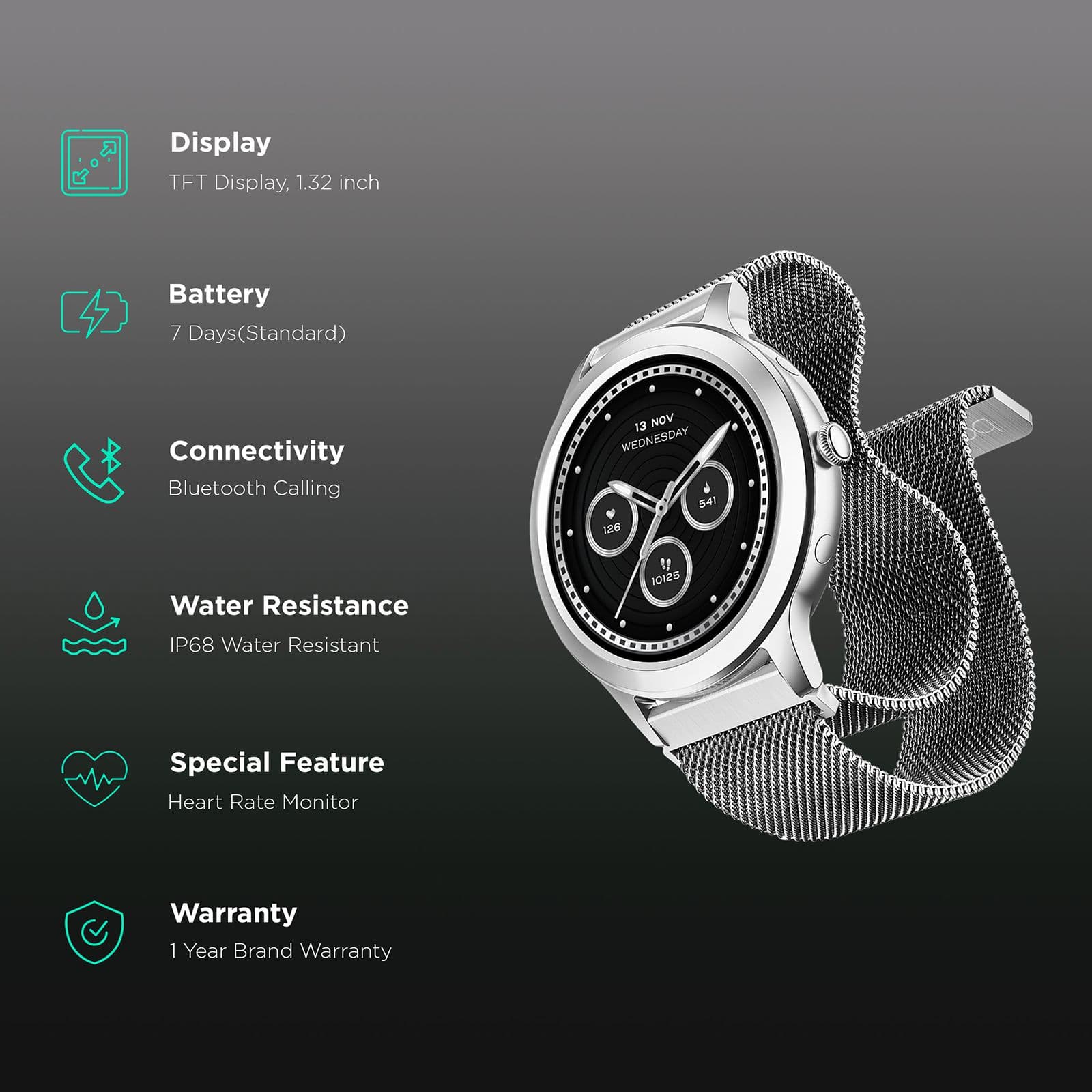 boAt Enigma R32 Smartwatch with Bluetooth Calling (33.5mm TFT AMOLED Display, IP67 Sweat Resistant, Classic Silver Strap)
