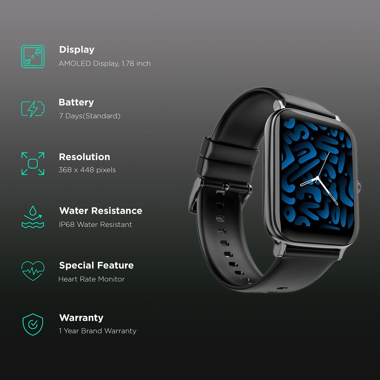 boAt Storm Pro Call Smartwatch with Bluetooth Calling (45.2mm AMOLED Display, IP68 Water Resistant, Charcoal Black Strap)
