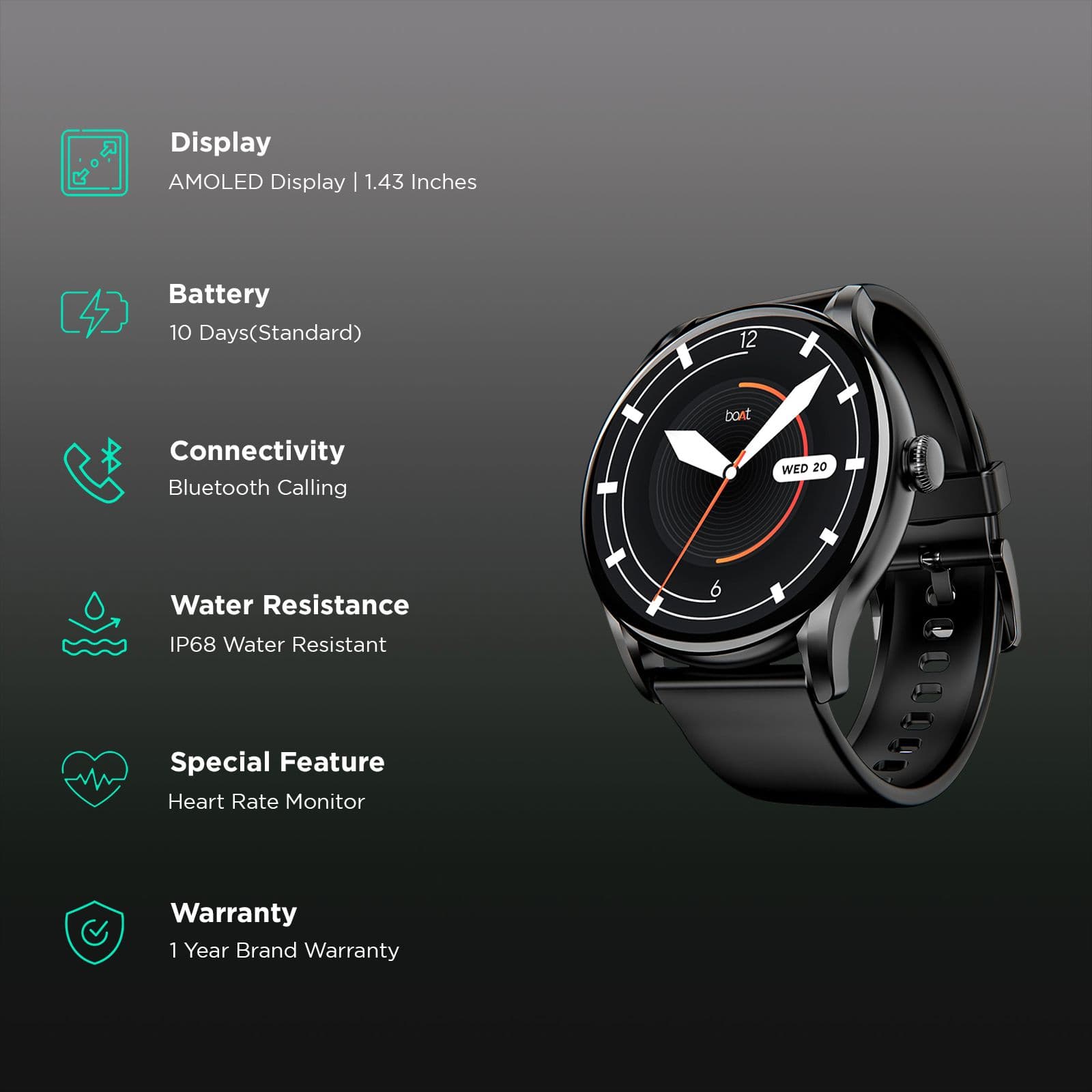 boAt Lunar Connect Ace Smartwatch with Bluetooth Calling (36.32mm AMOLED Display, IP68 Dust, Sweat & Water Resistant, Charcoal Black Strap)
