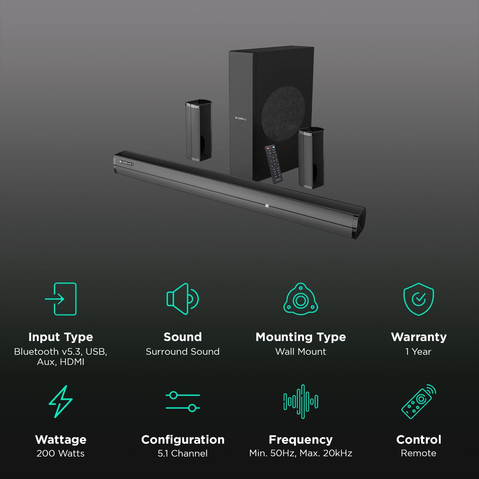ZEBRONICS Zeb Juke Bar 7450 Pro 200W Bluetooth Soundbar with Remote (5.1 Channel, Black)