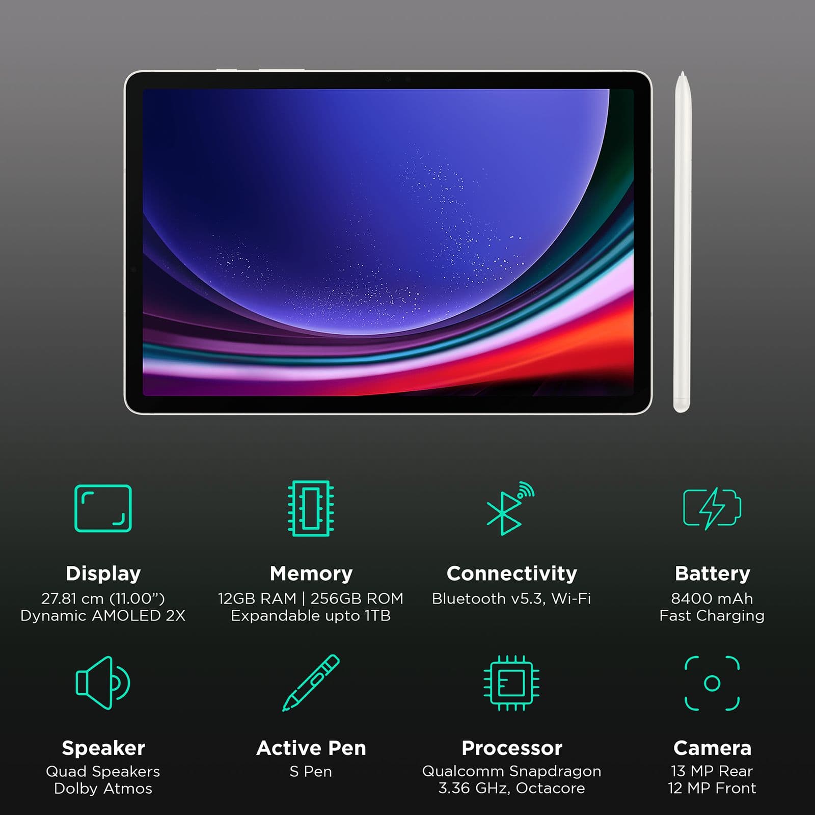 SAMSUNG Galaxy Tab S9 Wi-Fi Android Tablet with Stylus (11 Inch, 12GB RAM, 256GB ROM, Beige)
