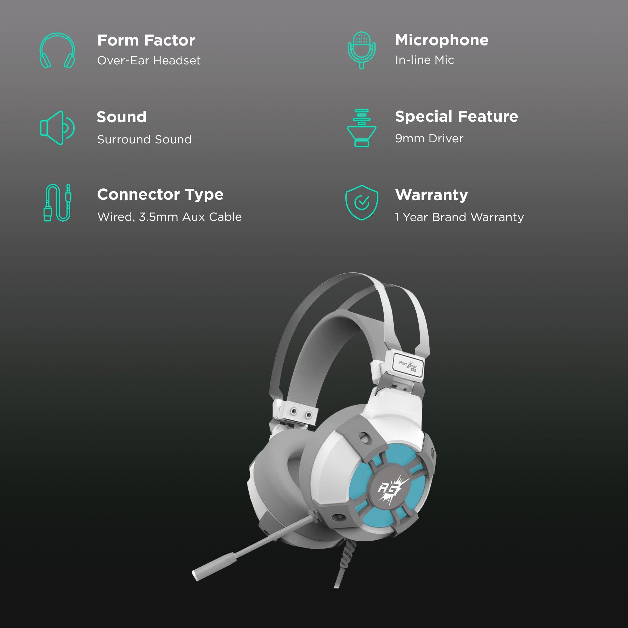 Red Gear Cosmo 7.1 Wired Gaming Headset with Passive Noise Cancellation (RGD LED, Over Ear, White)