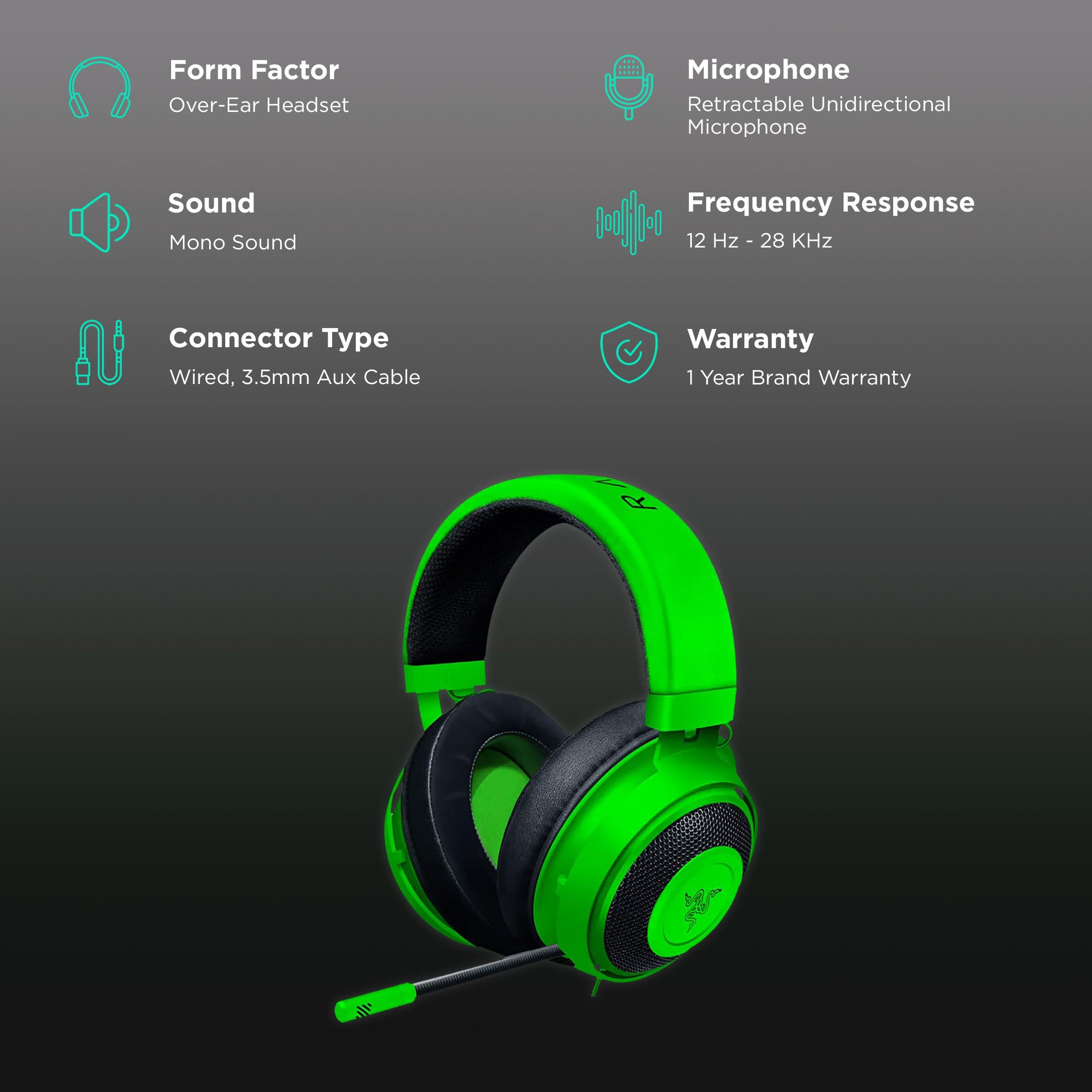 RAZER Kraken RZ04-02830200-R3M1 Wired Gaming Headset (Clear & Powerful Sound, Over Ear, Green)
