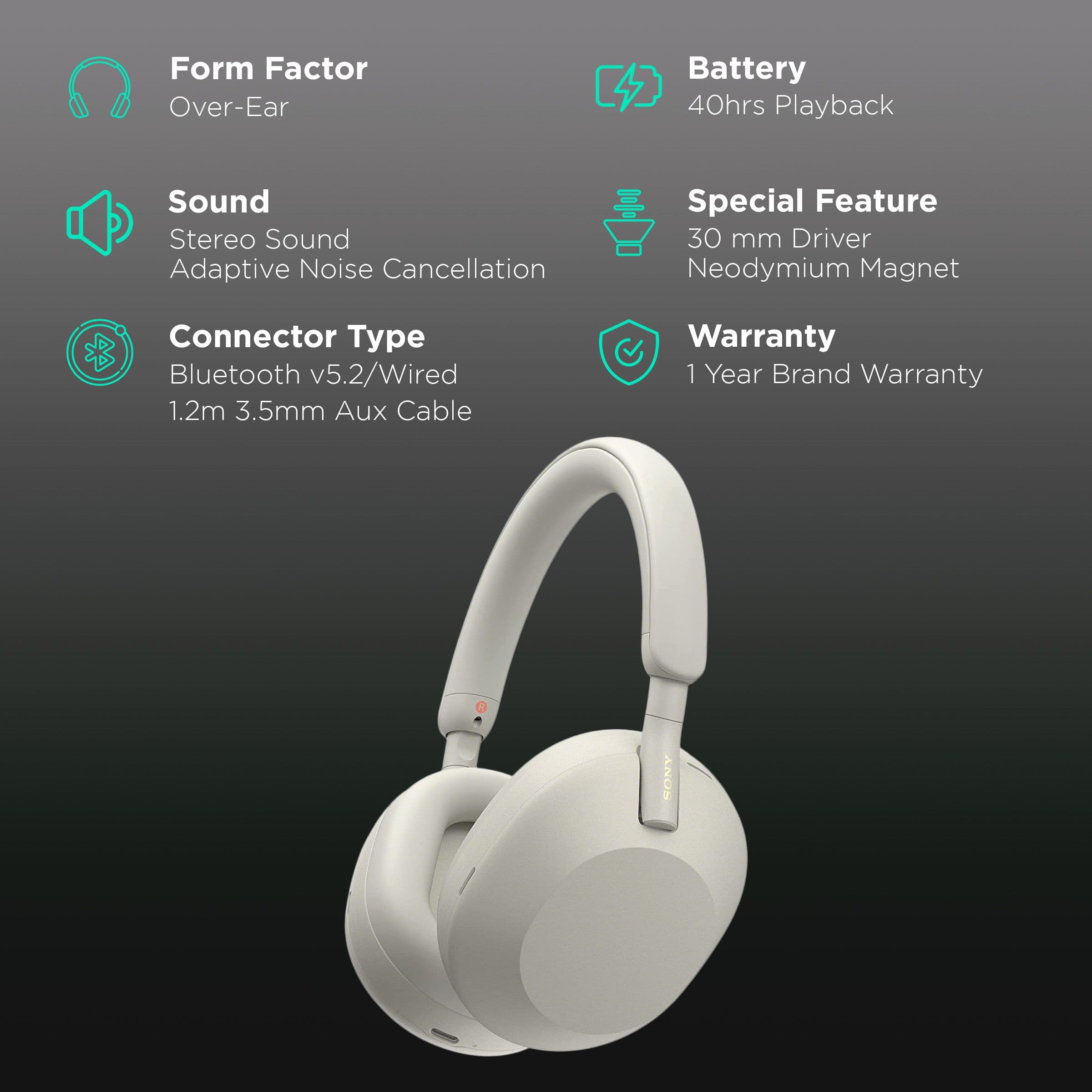 SONY WH-1000XM5 Bluetooth Headphone with Mic (Auto Noise Cancelling Optimizer, Over Ear, Silver)