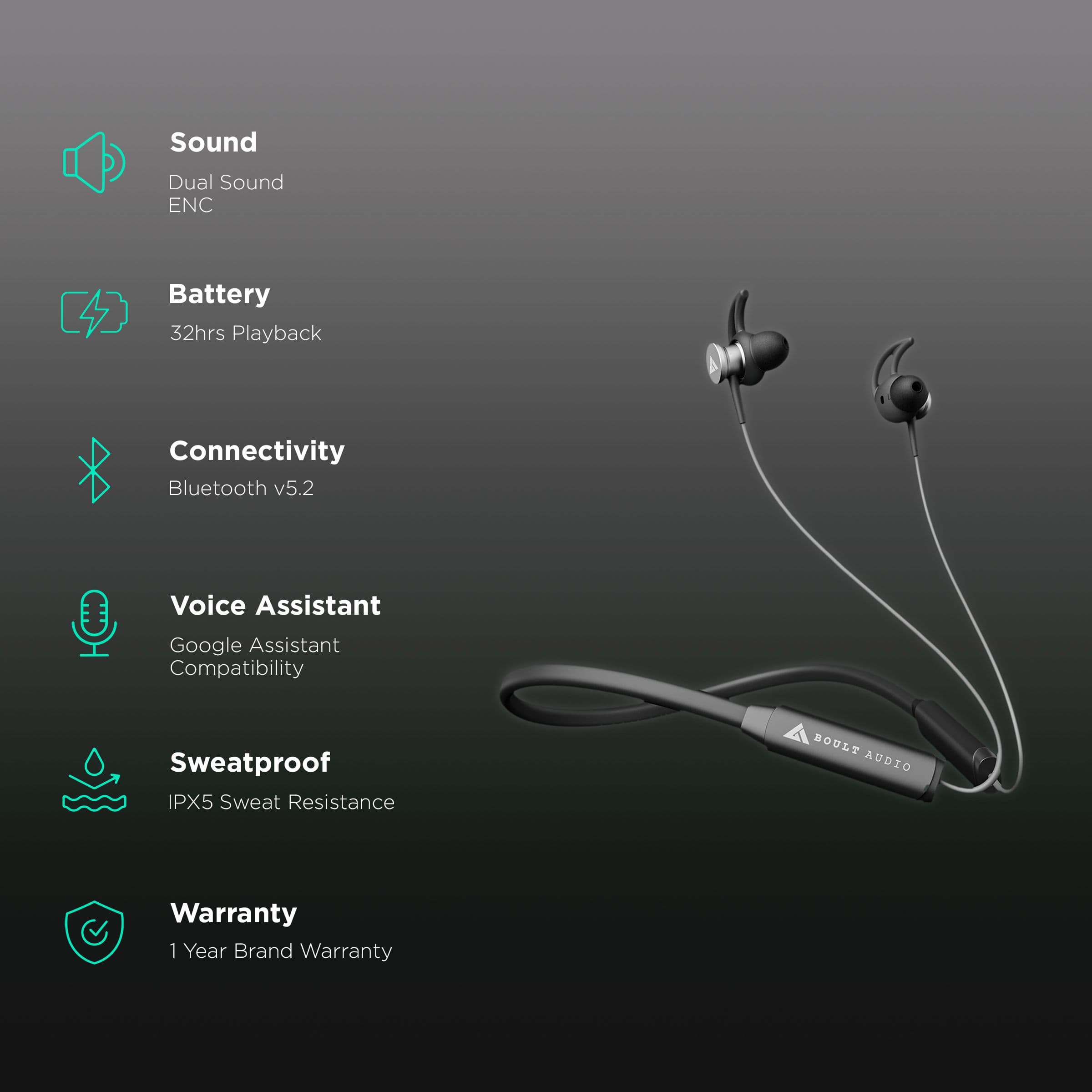 Boult Audio ProBass EQCharge Neckband with Environmental Noise Cancellation (IPX5 Water Resistant, Upto 32 Hours Playback, Black)