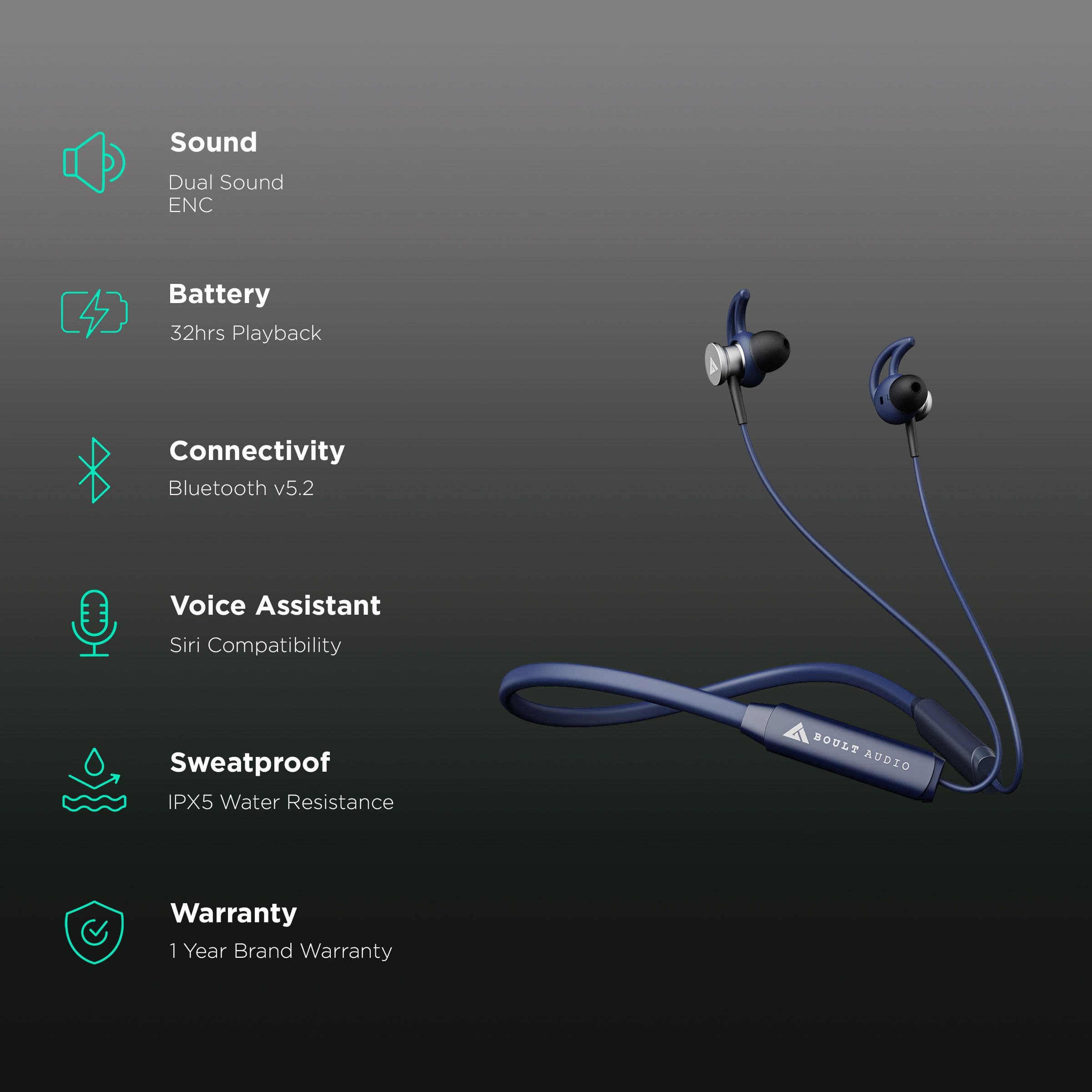 Boult Audio ProBass EQCharge Neckband with Environmental Noise Cancellation (IPX5 Water Resistant, Upto 32 Hours Playback, Blue)