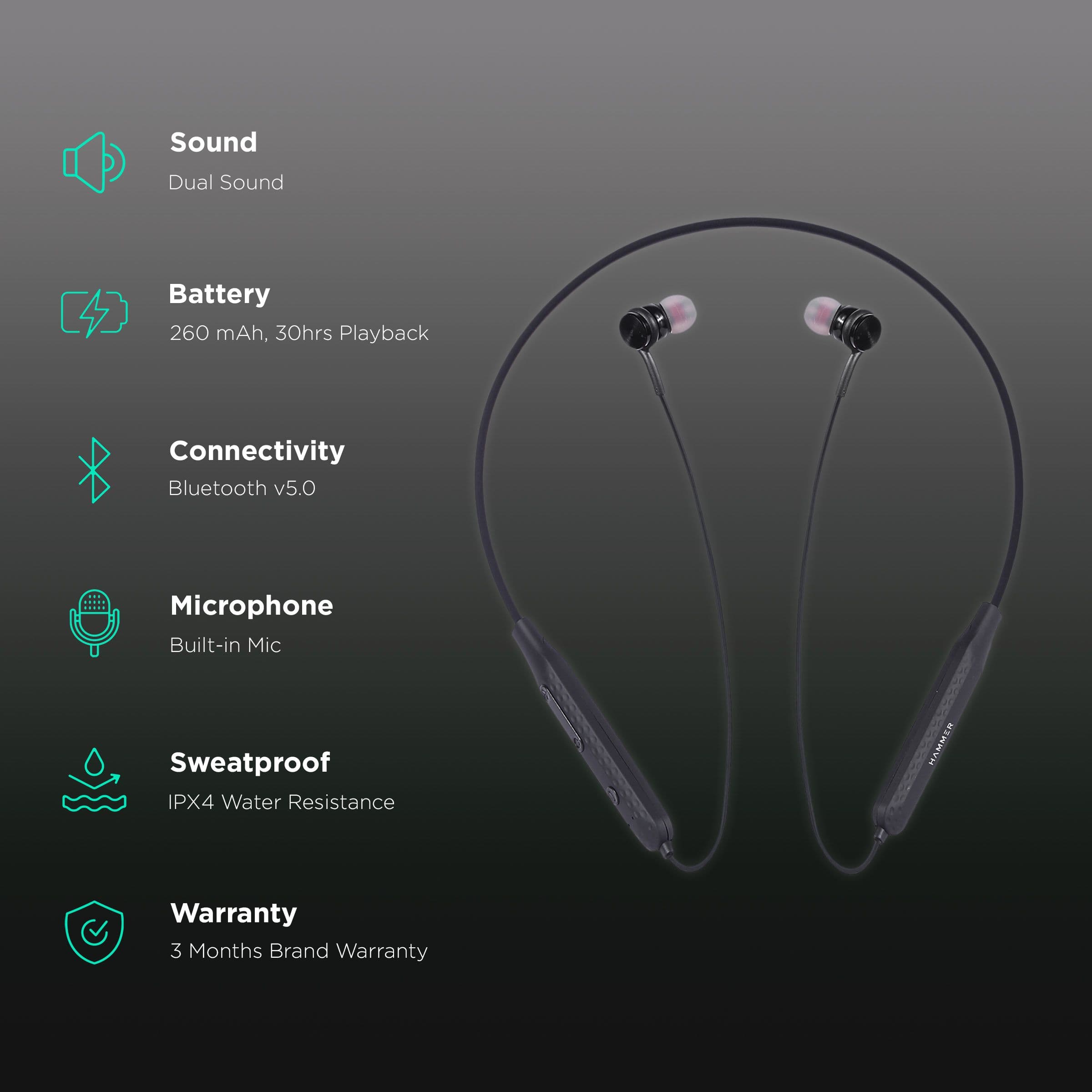 Hammer S Neckband (IPX4 Water Resistant, Up to 30 Hours Playback, Black)