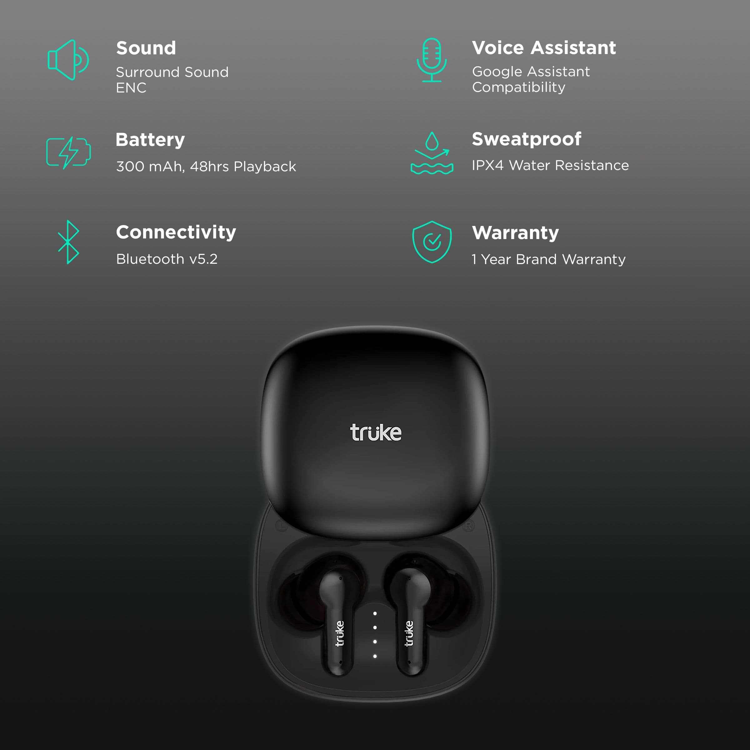Truke Buds S2 Lite TWS Earbuds with Environmental Noise Cancellation (IPX4 Water Resistant, 55ms Low Latency, Black)
