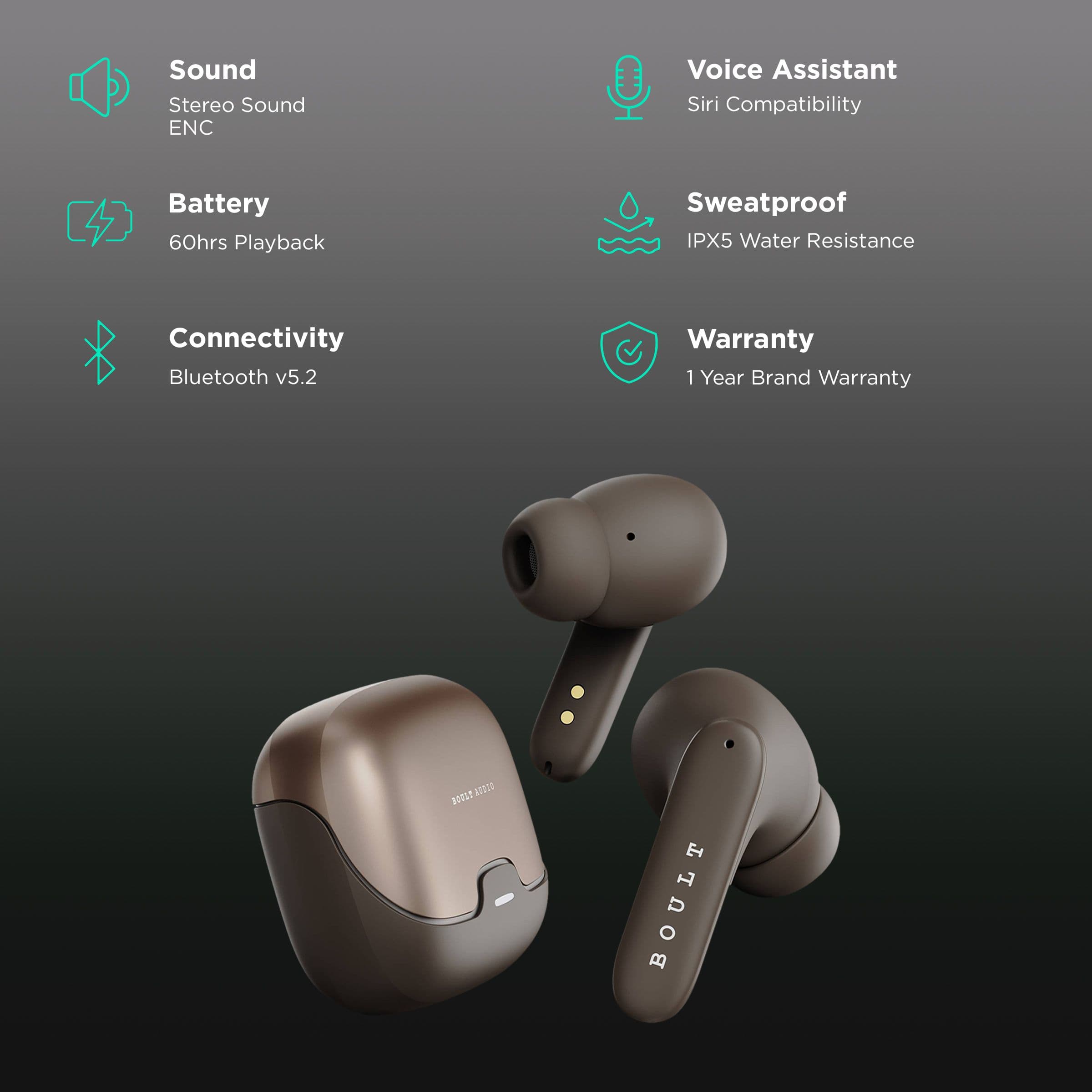Boult Audio AirBass Z40 TWS Earbuds with Environmental Noise Cancellation (IPX5 Water Resistant, Voice Assistant, Brown)