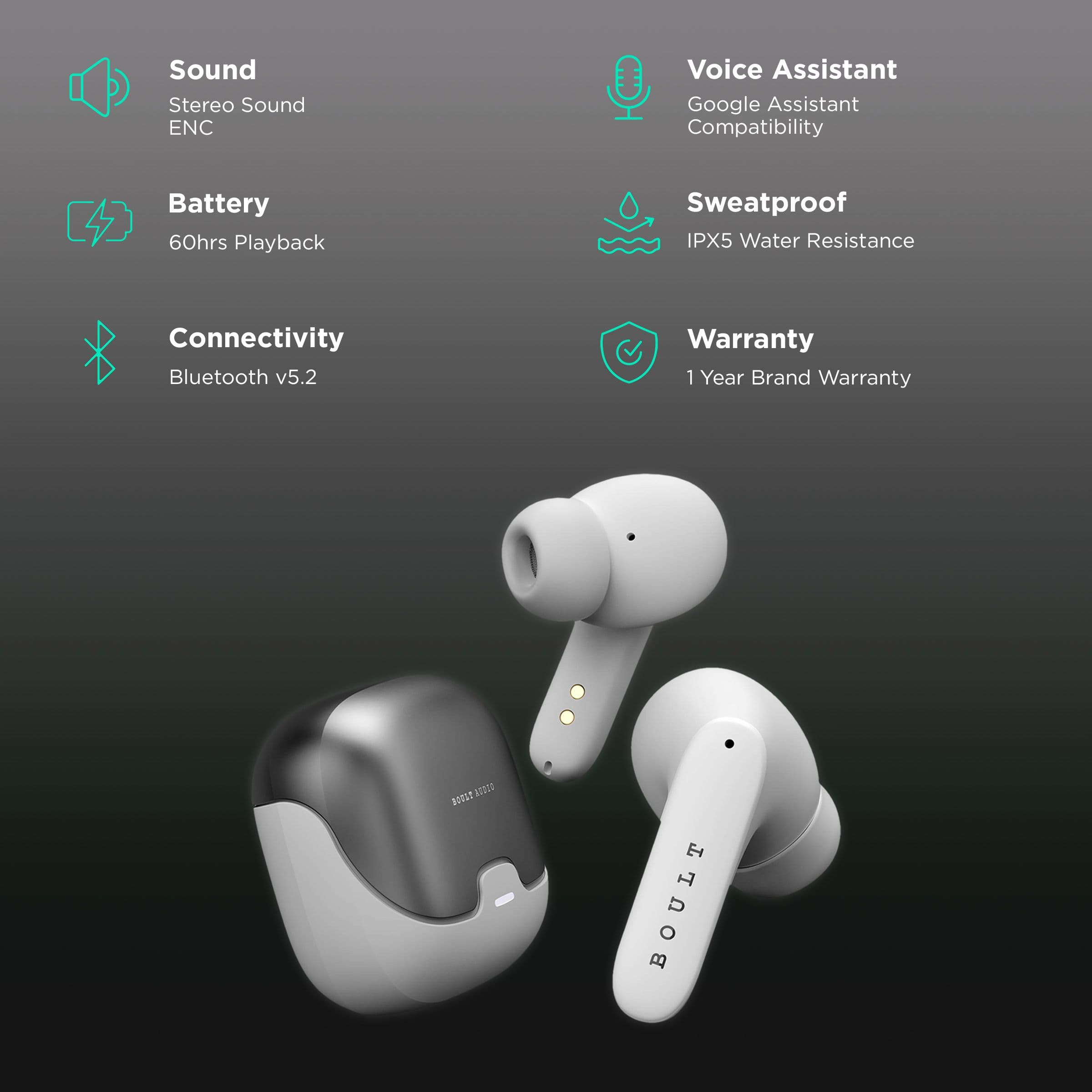 Boult Audio AirBass Z40 TWS Earbuds with Environmental Noise Cancellation (IPX5 Water Resistant, Voice Assistant, White)