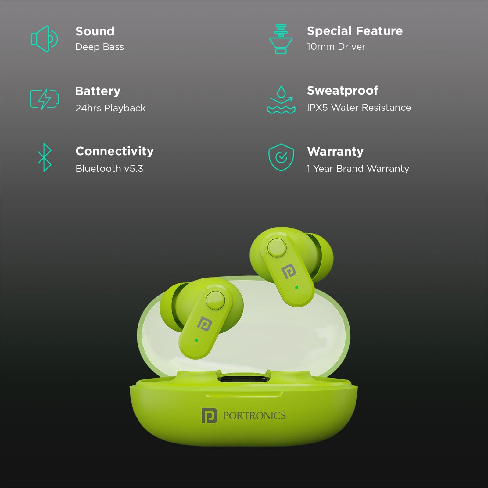 PORTRONICS Harmonics Twins S16 POR2230 TWS Earbuds (IPX5 Water & Sweat Resistant, Deep Bass Technology, Green)