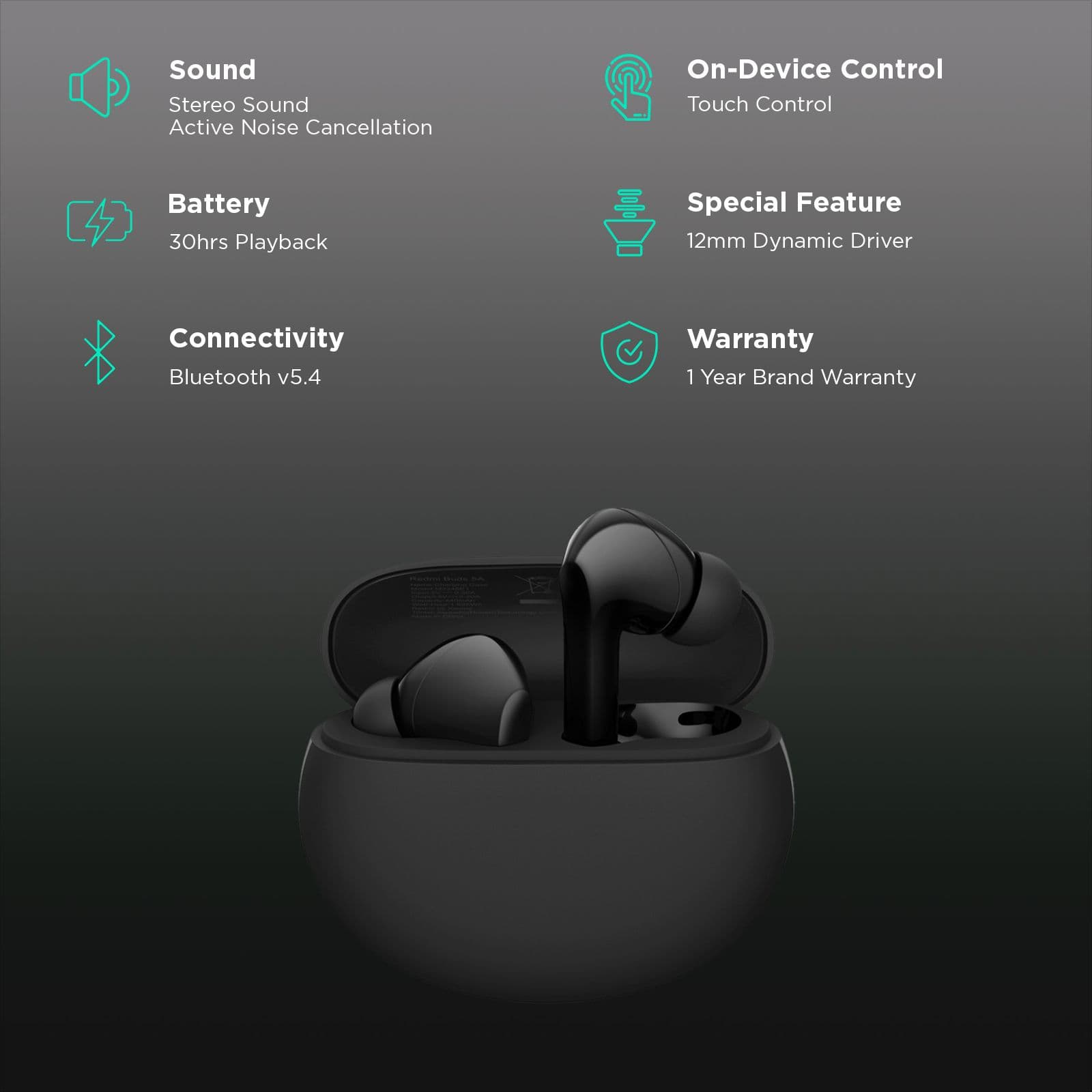 Redmi Buds 5A TWS Earbuds with Active Noise Cancellation (IPX4 Sweat Resistant, 10 Mins Quick Charge, Black)