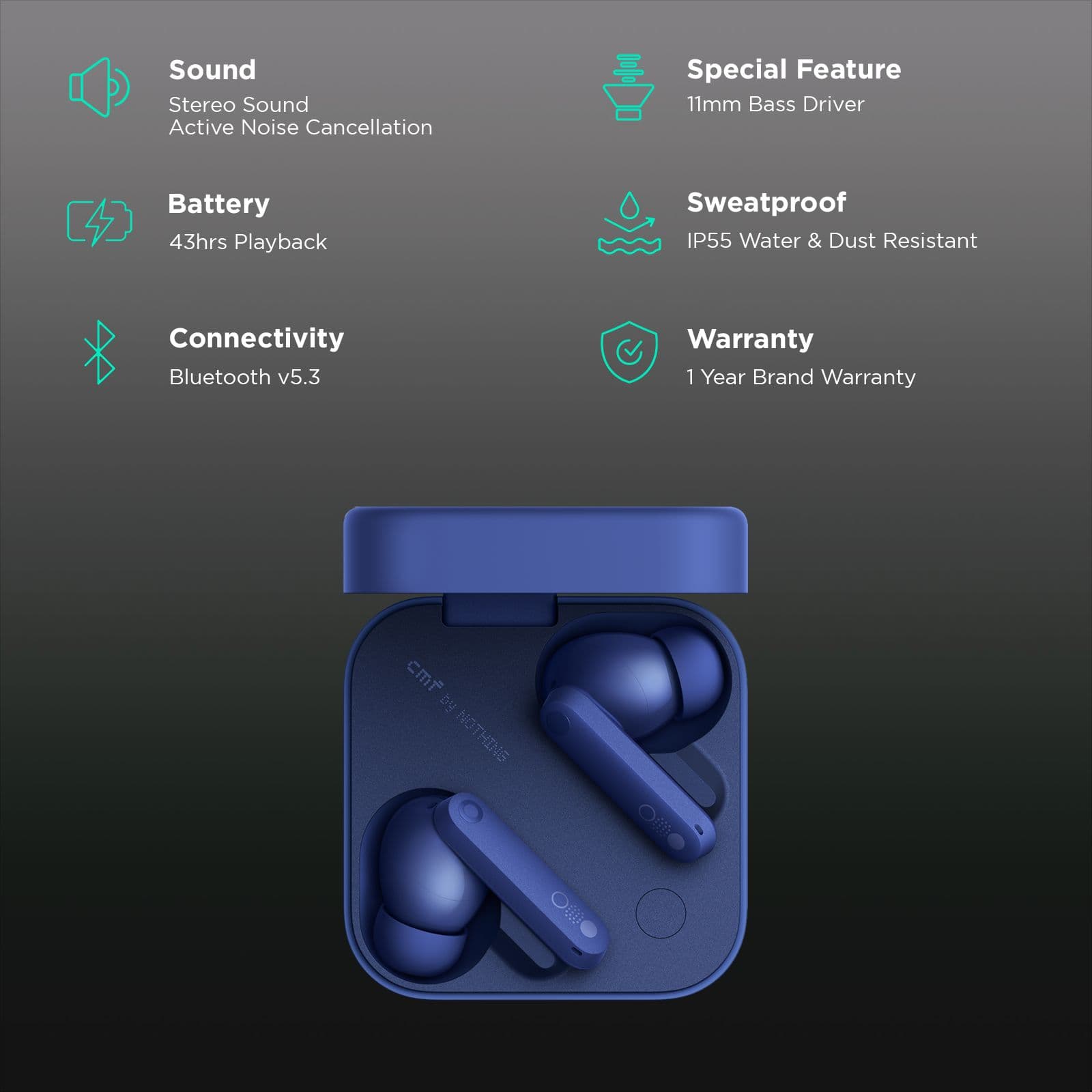 CMF by Nothing Buds Pro 2 TWS Earbuds with Active Noise Cancellation (IP55 Water & Dust Resistant, 43 Hours Playback, Blue)