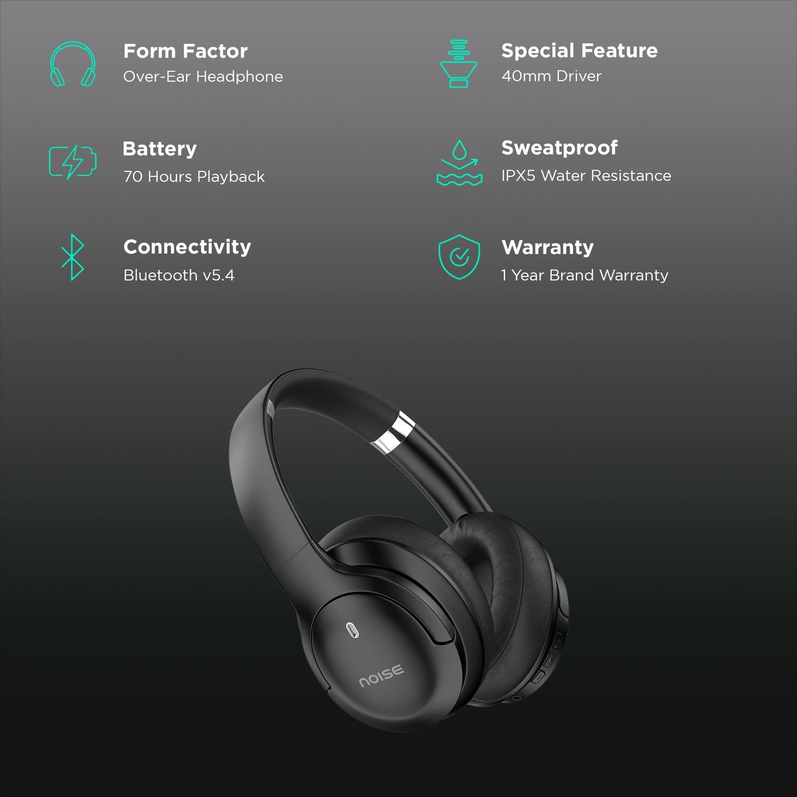 noise Four Bluetooth Headphone with Mic (Google Assistant Enabled, Over Ear, Carbon Black)