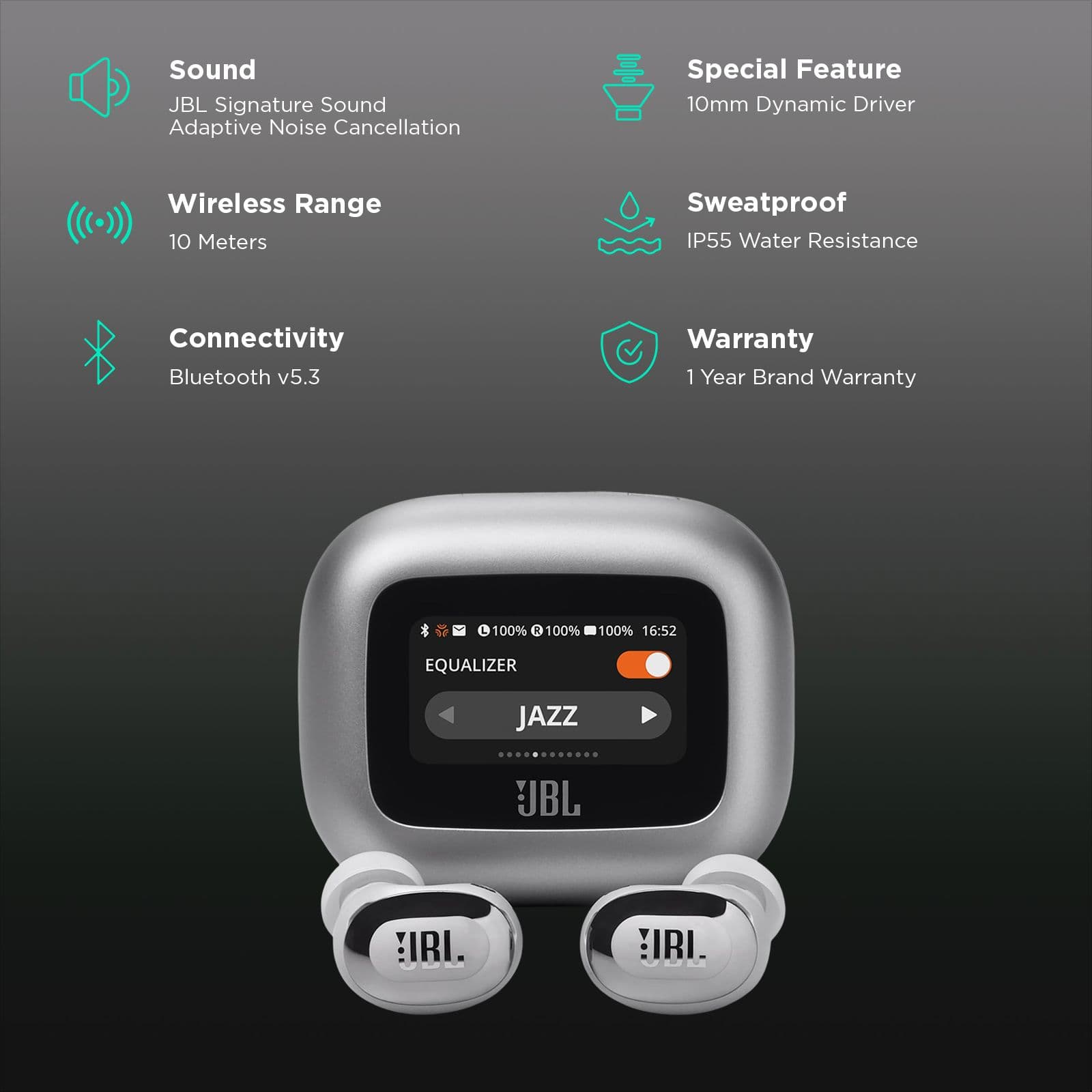 JBL Live Buds 3 TWS Earbuds with Adaptive Noise Cancellation (IP55 Water Resistant, Touchscreen Display, Silver)