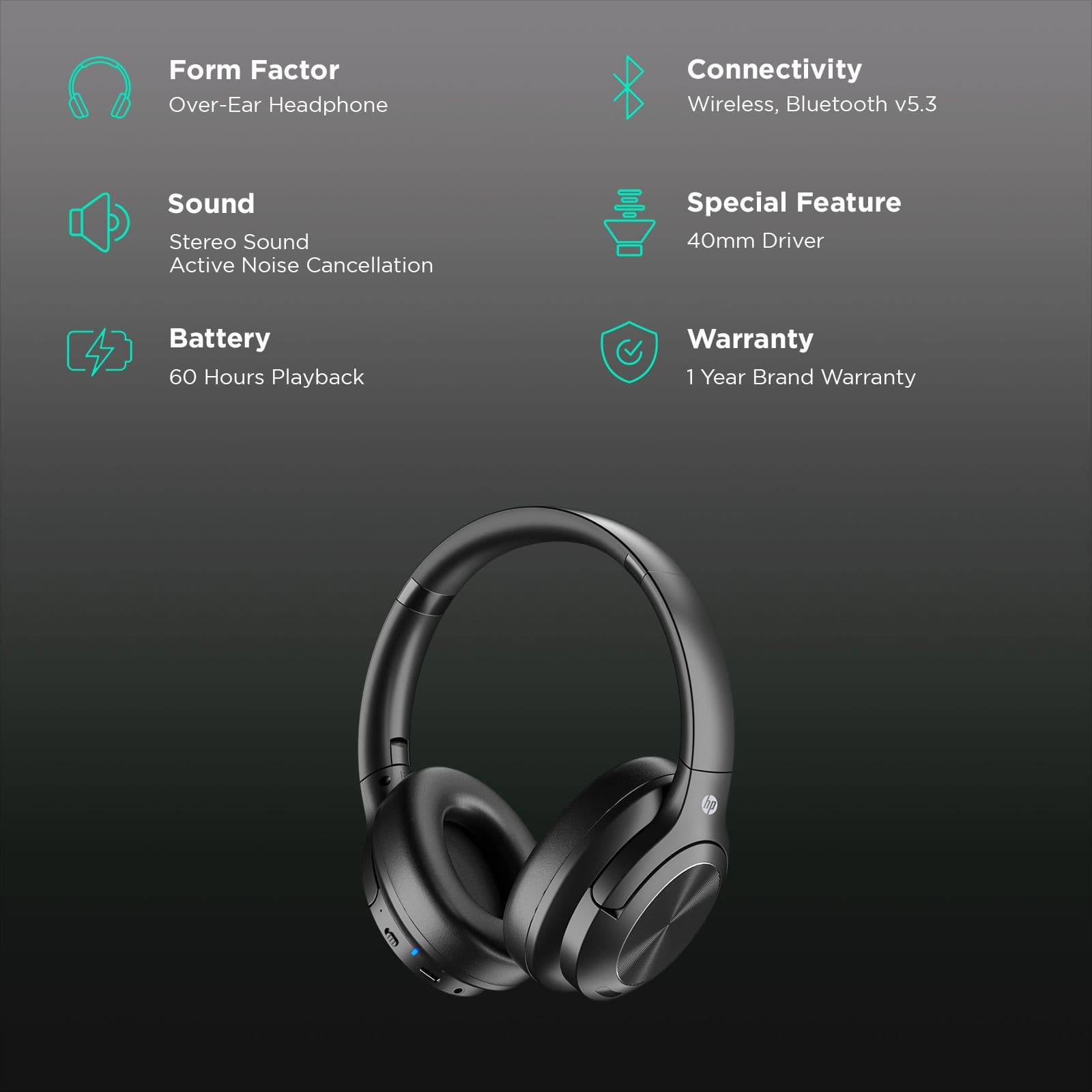 HP H300 99Y17AA Bluetooth Headset with Mic (Active Noise Cancellation, Over Ear, Black)