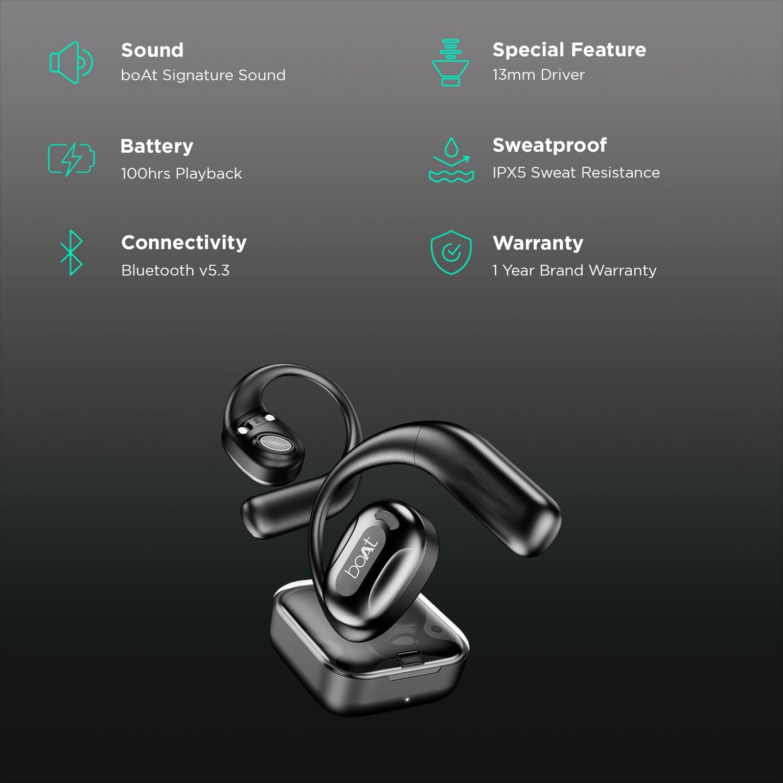 boAt Airdopes ProGear TWS Earbuds (IPX5 Sweat Resistant, Air Conduction Technology, Active Black)