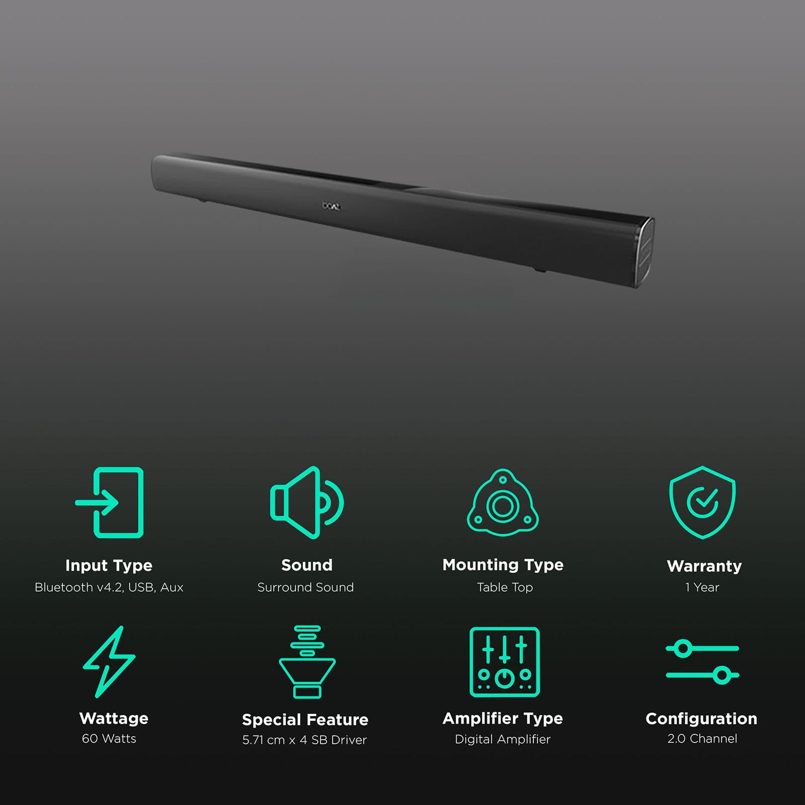 boAt Aavante 1150 2.0 Channel 60 Watts Signature Sound Technology Sound Bar (USB and Bluetooth Connectivity, Black)