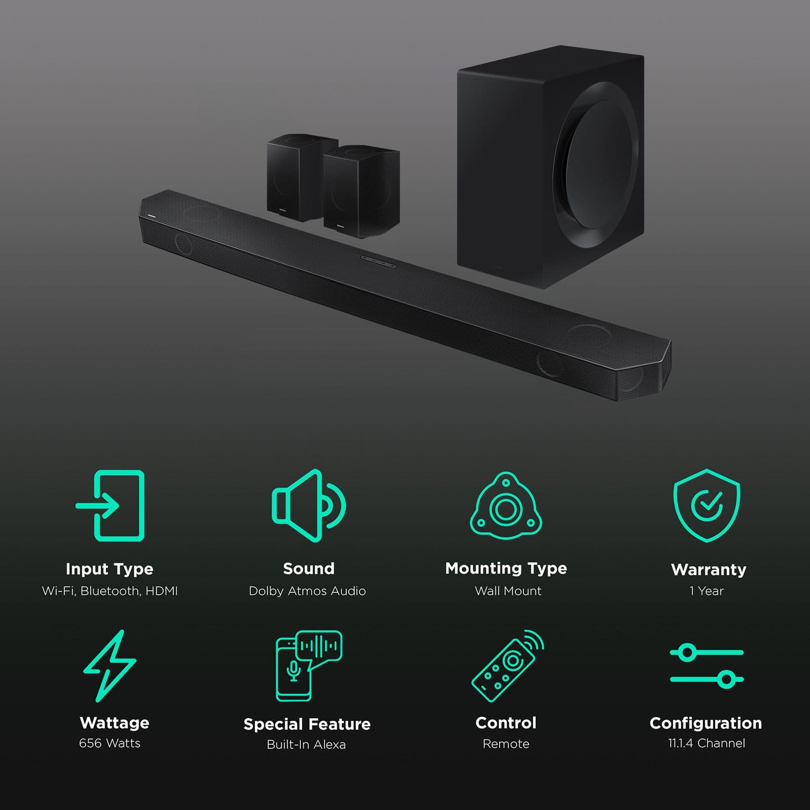 SAMSUNG Q Series 11.1.4 Channel 656 Watts Dolby Atmos Sound Bar with Subwoofer (Built-in Alexa, HW-Q990B/XL, Black)