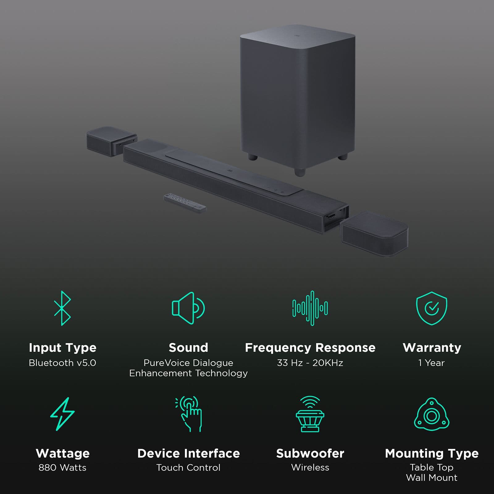 JBL 1000 Pro 880 Watts Sound Bar with Remote (PureVoice Dialogue Enchancement Technology, 7.1.4 Channel, Black)