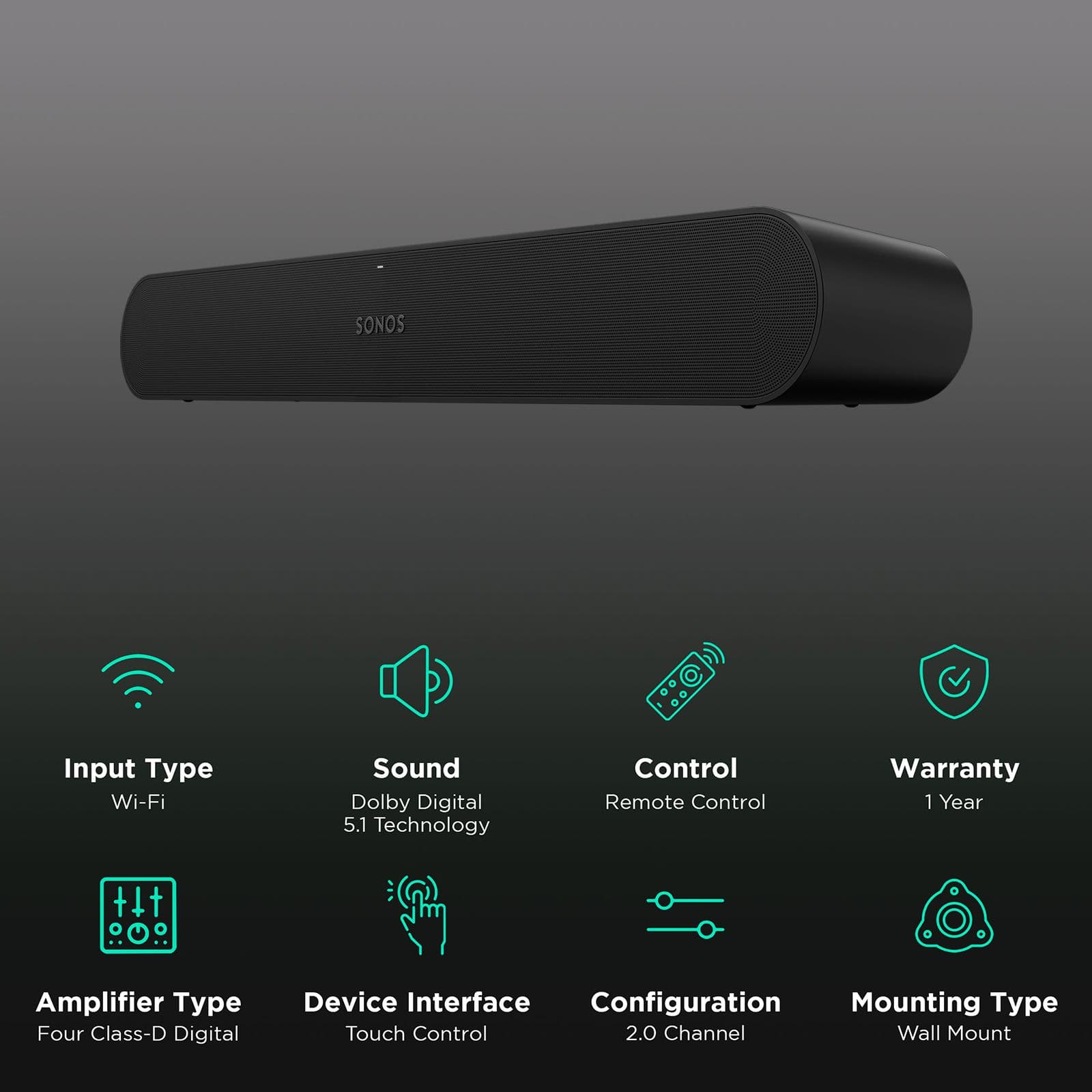 SONOS RAY WiFi Soundbar (Dolby Digital 5.1 Technology, 2.0 Channel, Black)