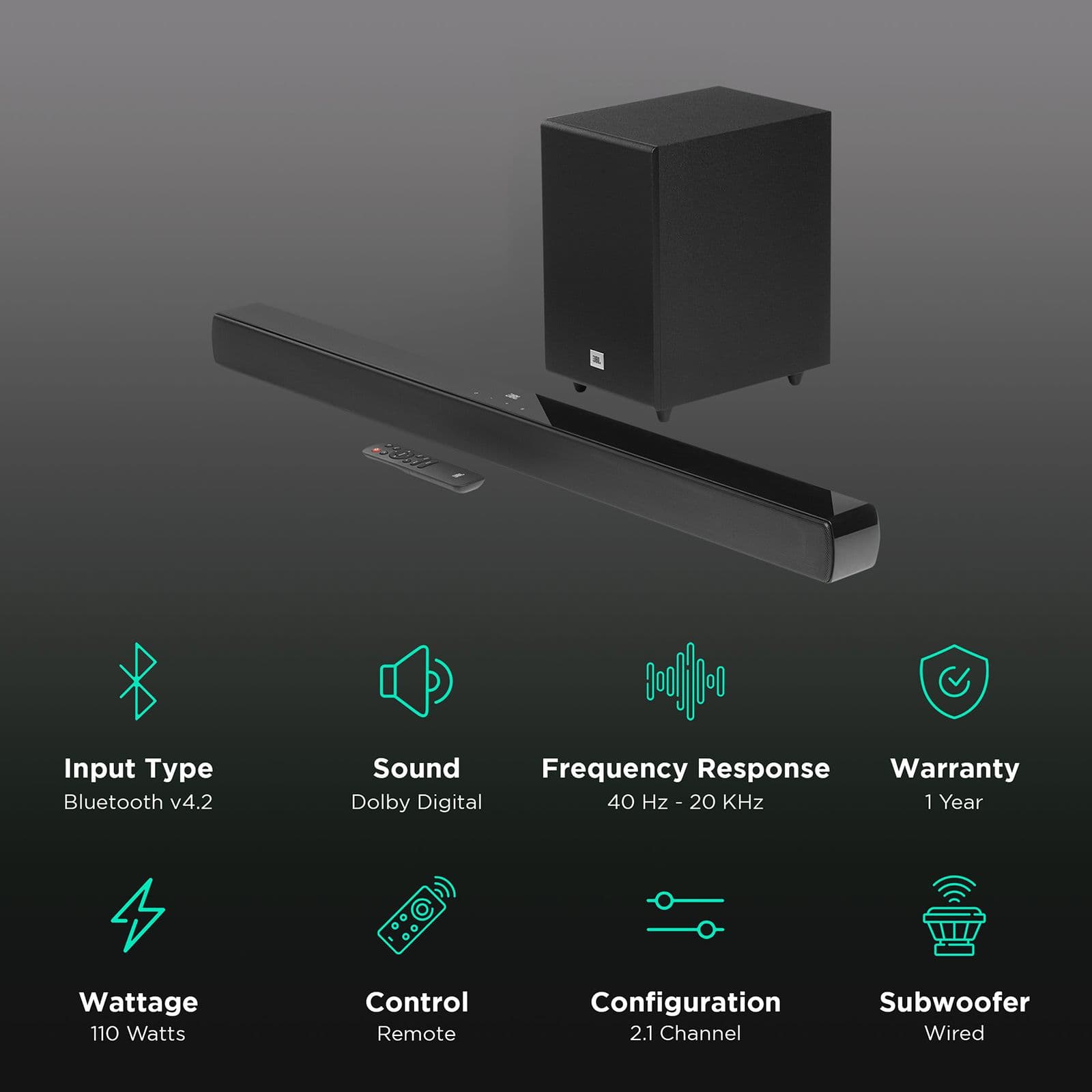 JBL Cinema SB140 110W Bluetooth Soundbar with Remote (Dolby Digital, 2.1 Channel, Black)