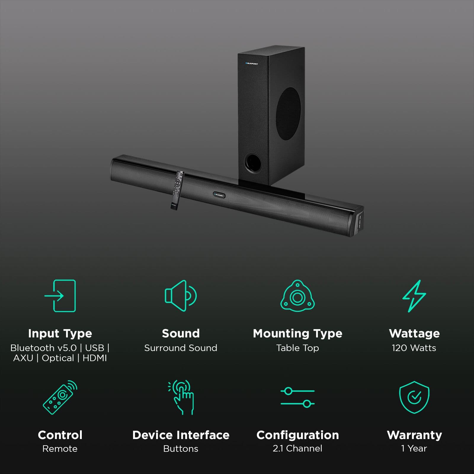 Blaupunkt SBW120 120W Bluetooth Soundbar with Remote (2.1 Channel, Black)