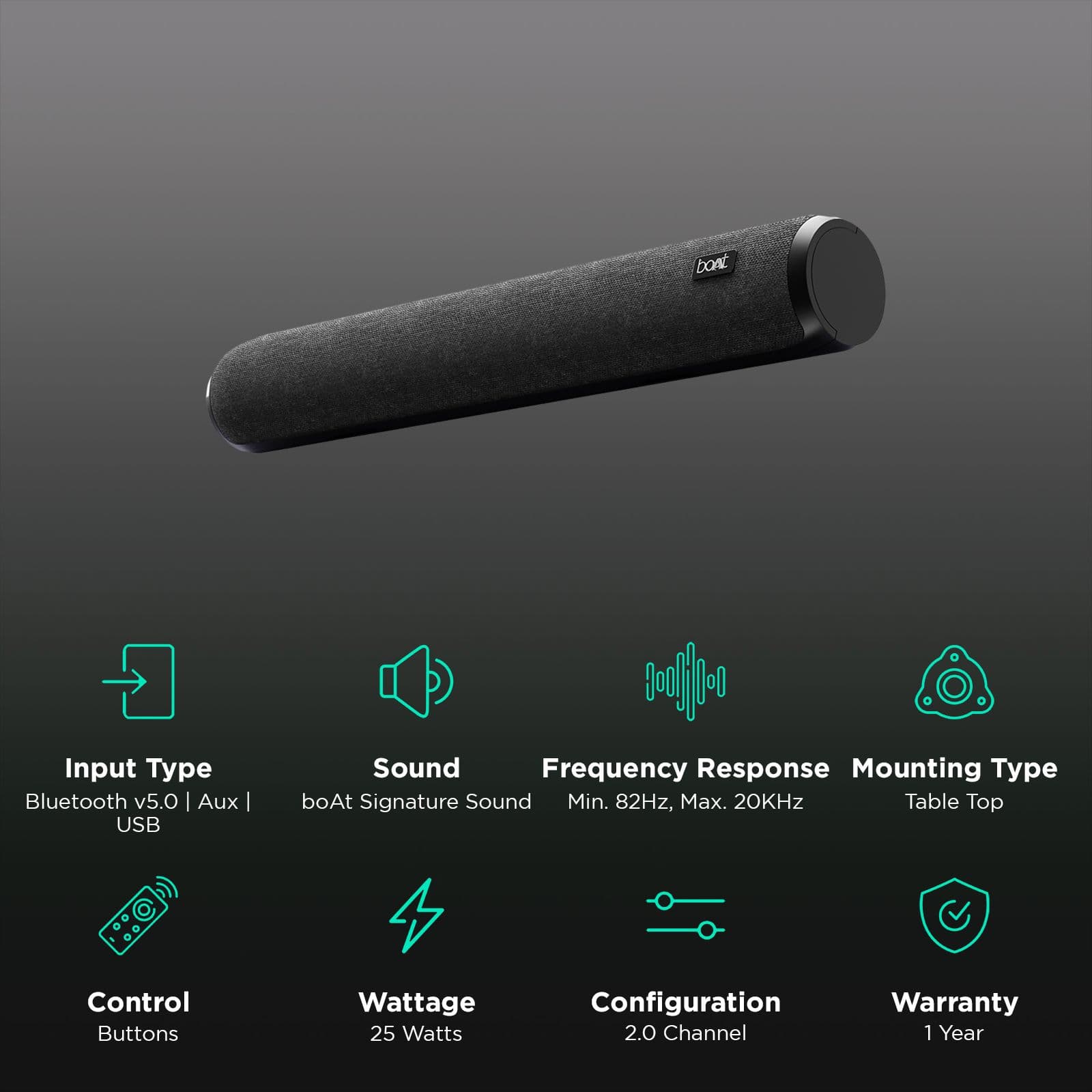 boAt Aavante Bar 600 25W Bluetooth Soundbar (Dual Passive Radiators, 2.0 Channel, Jade Black)