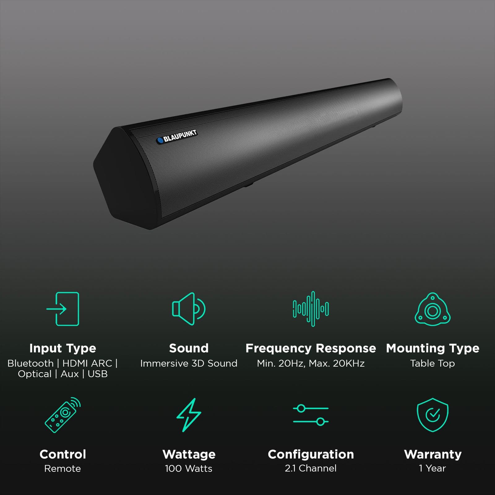 BLAUPUNKT SBA01 Rekurve 100W Bluetooth Soundbar with Remote (Dual Speaker Drivers, 2.1 Channel, Black)