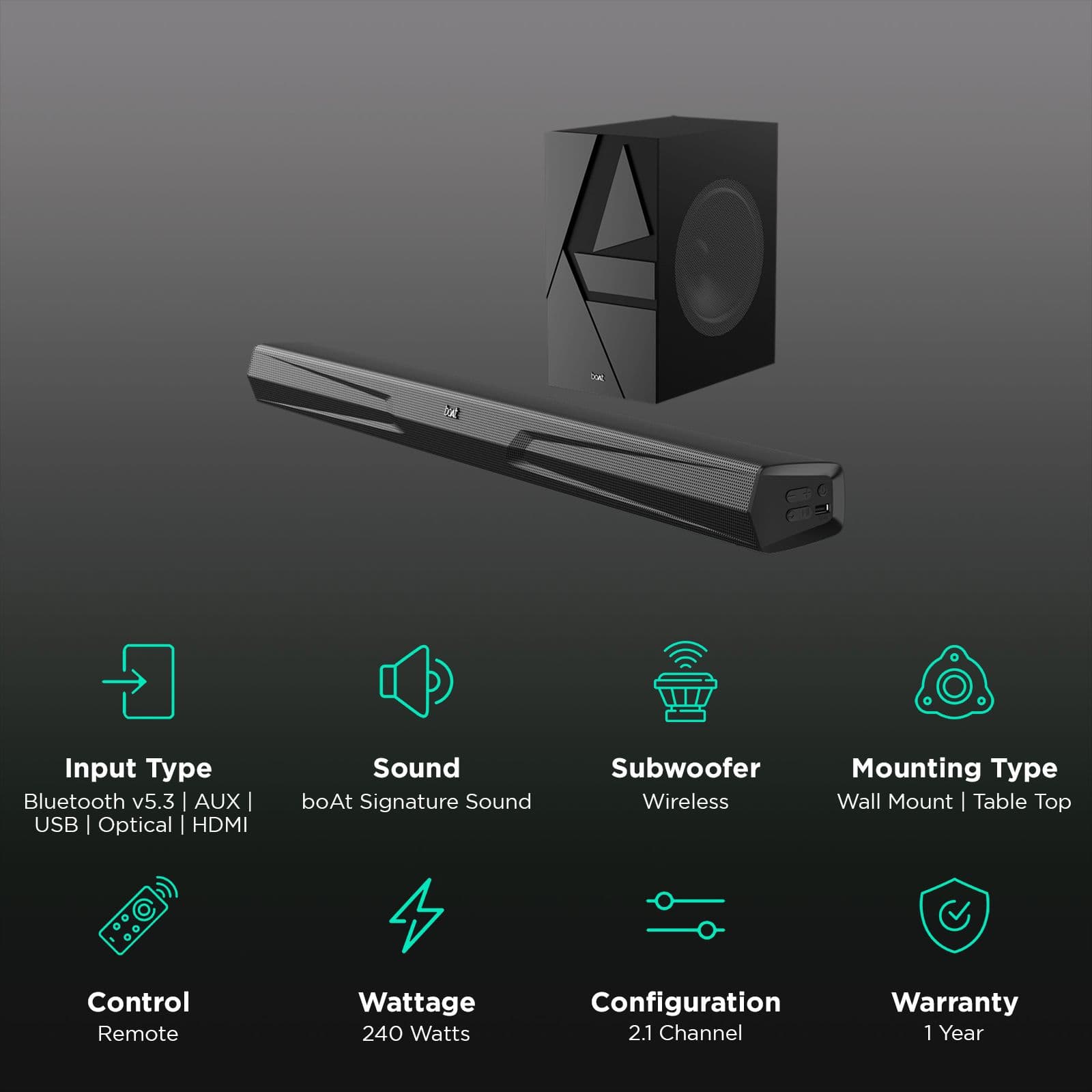 boAt Aavante Bar Quake Pro 240W Bluetooth Soundbar with Remote (Entertainment EQ Modes, 2.1 Channel, Premium Black)