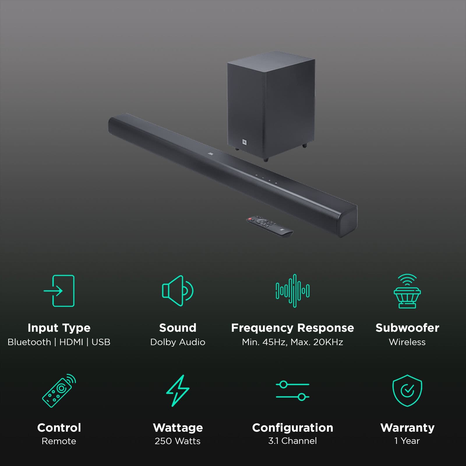 JBL Cinema SB560 250W Bluetooth Soundbar with Remote (Dolby Audio, 3.1 Channel, Black)