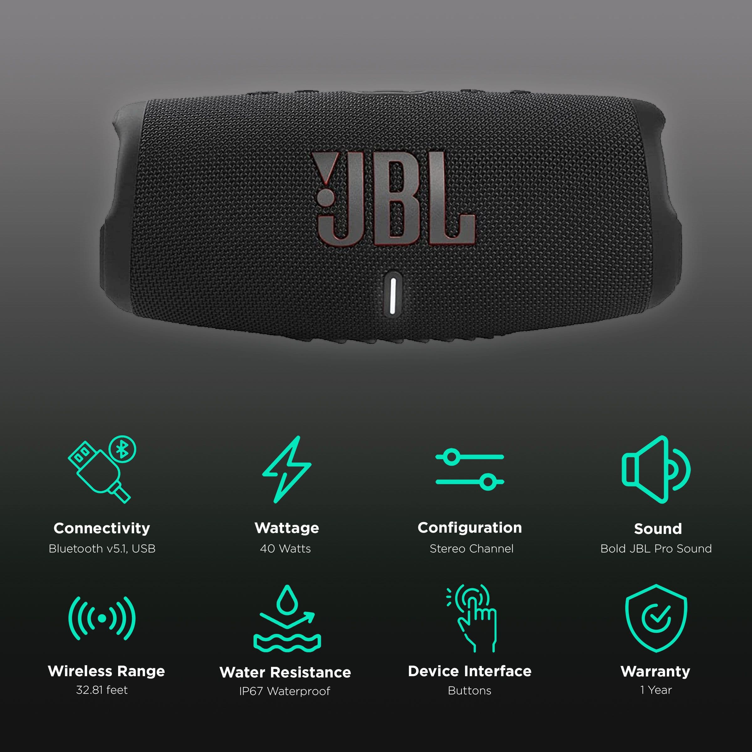 JBL CHARGE5 Portable Bluetooth Speakers 40 Watts (Dual Bass Radiators, Black)
